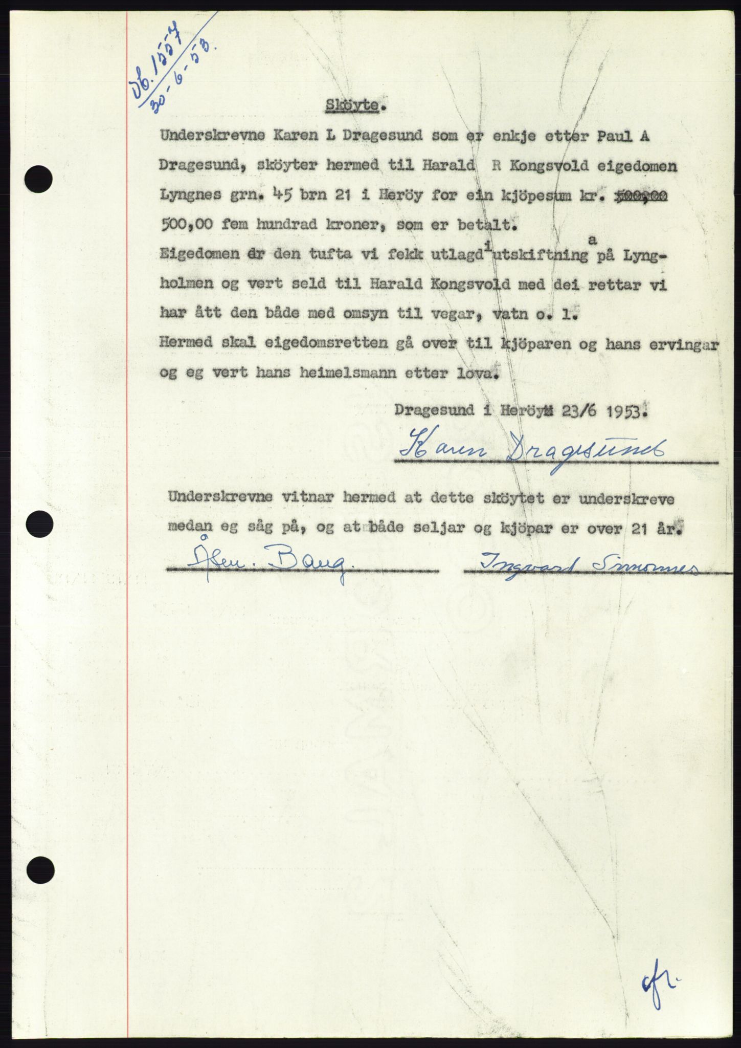 Søre Sunnmøre sorenskriveri, AV/SAT-A-4122/1/2/2C/L0095: Pantebok nr. 21A, 1953-1953, Dagboknr: 1557/1953