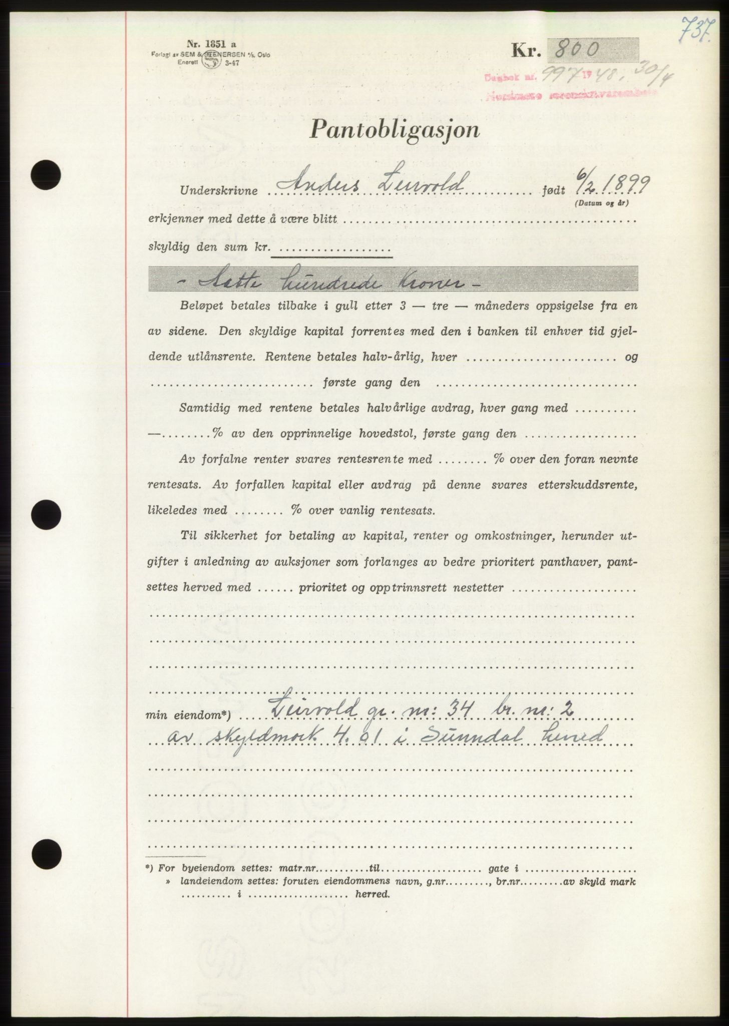 Nordmøre sorenskriveri, SAT/A-4132/1/2/2Ca: Pantebok nr. B98, 1948-1948, Dagboknr: 997/1948