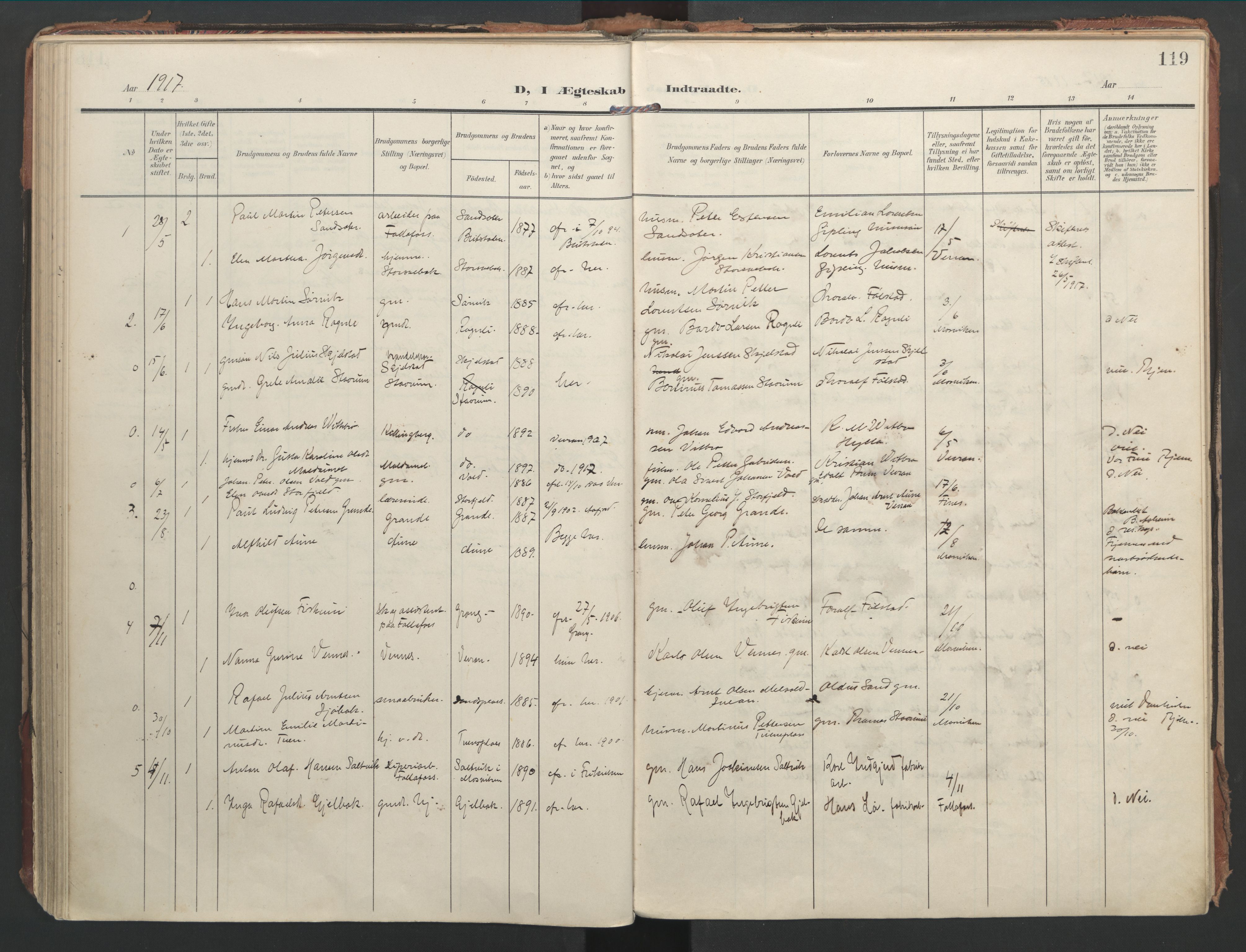Ministerialprotokoller, klokkerbøker og fødselsregistre - Nord-Trøndelag, AV/SAT-A-1458/744/L0421: Ministerialbok nr. 744A05, 1905-1930, s. 119