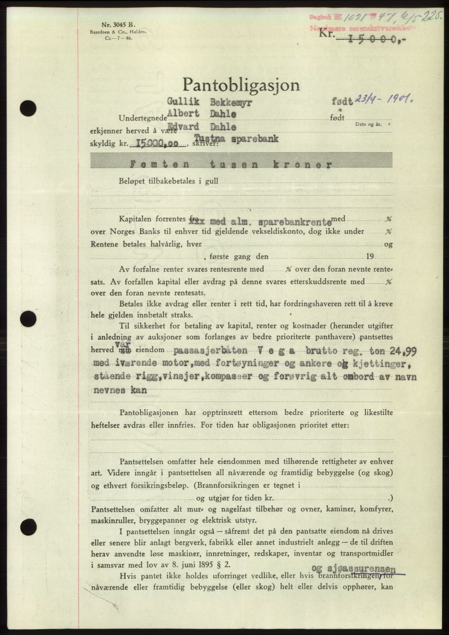 Nordmøre sorenskriveri, SAT/A-4132/1/2/2Ca: Pantebok nr. B96, 1947-1947, Dagboknr: 1021/1947
