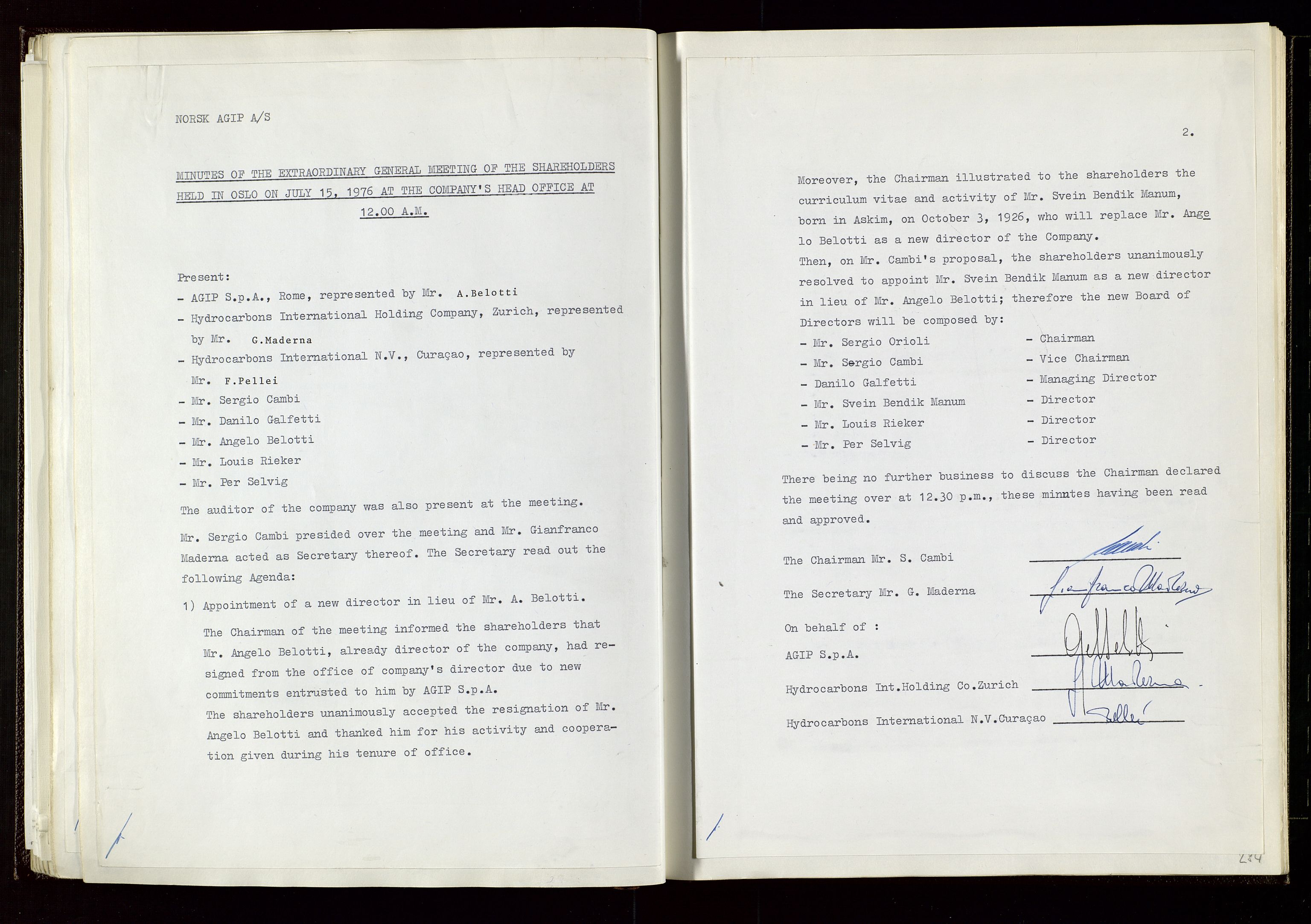 Pa 1583 - Norsk Agip AS, AV/SAST-A-102138/A/Aa/L0002: General assembly and Board of Directors meeting minutes, 1972-1979, s. 283-284