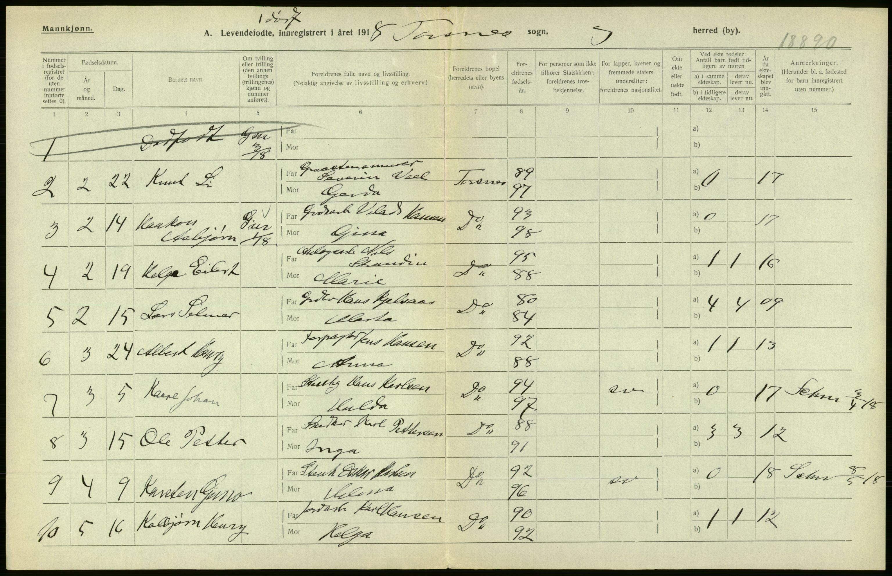 Statistisk sentralbyrå, Sosiodemografiske emner, Befolkning, RA/S-2228/D/Df/Dfb/Dfbh/L0001: Østfold fylke: Levendefødte menn og kvinner. Bygder., 1918, s. 132