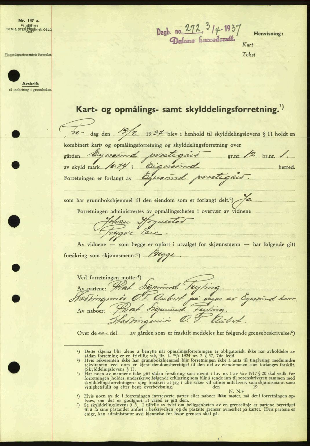 Dalane sorenskriveri, SAST/A-100309/02/G/Gb/L0041: Pantebok nr. A2, 1936-1937, Dagboknr: 272/1937
