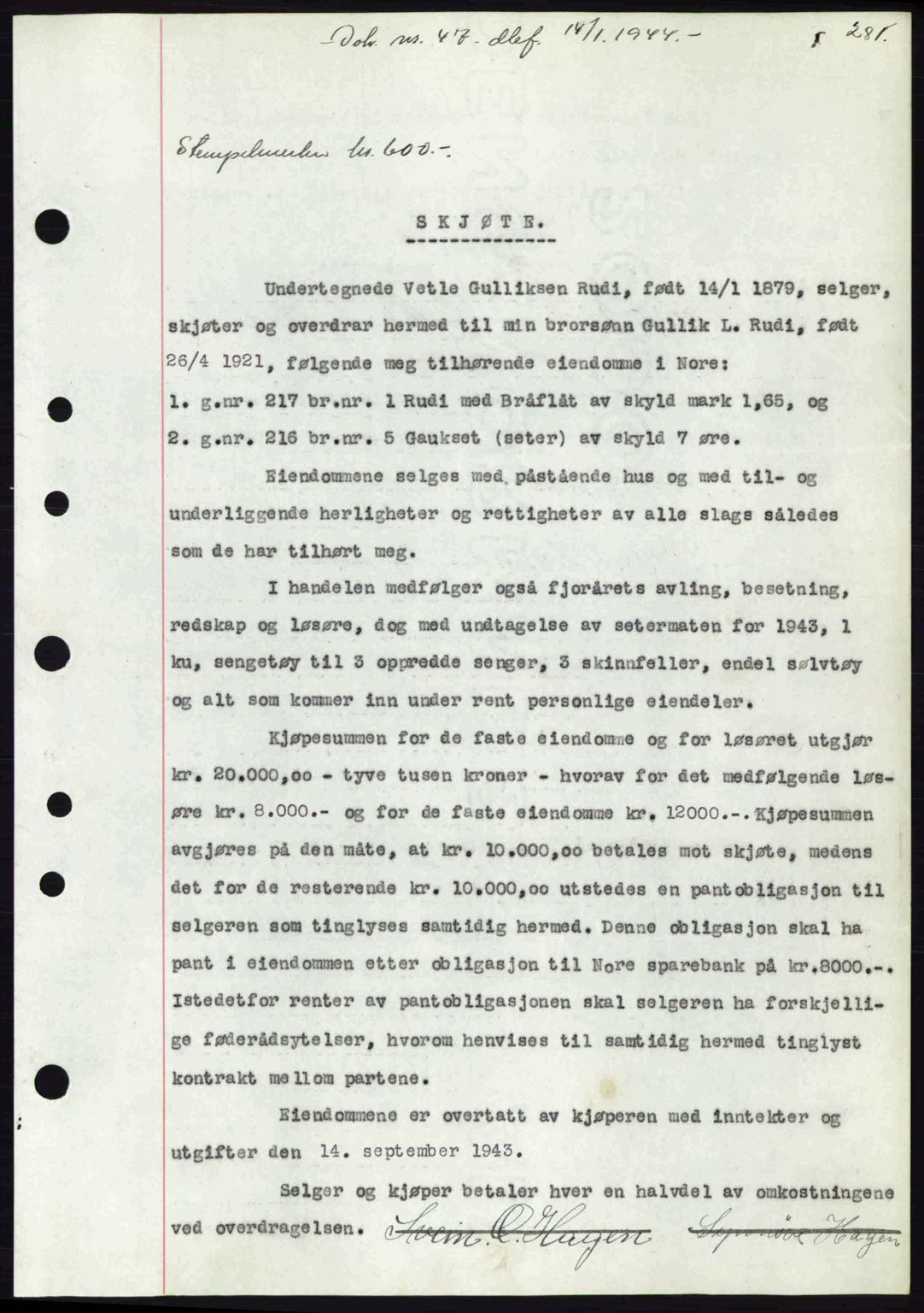 Numedal og Sandsvær sorenskriveri, SAKO/A-128/G/Ga/Gaa/L0055: Pantebok nr. A7, 1943-1944, Dagboknr: 47/1944