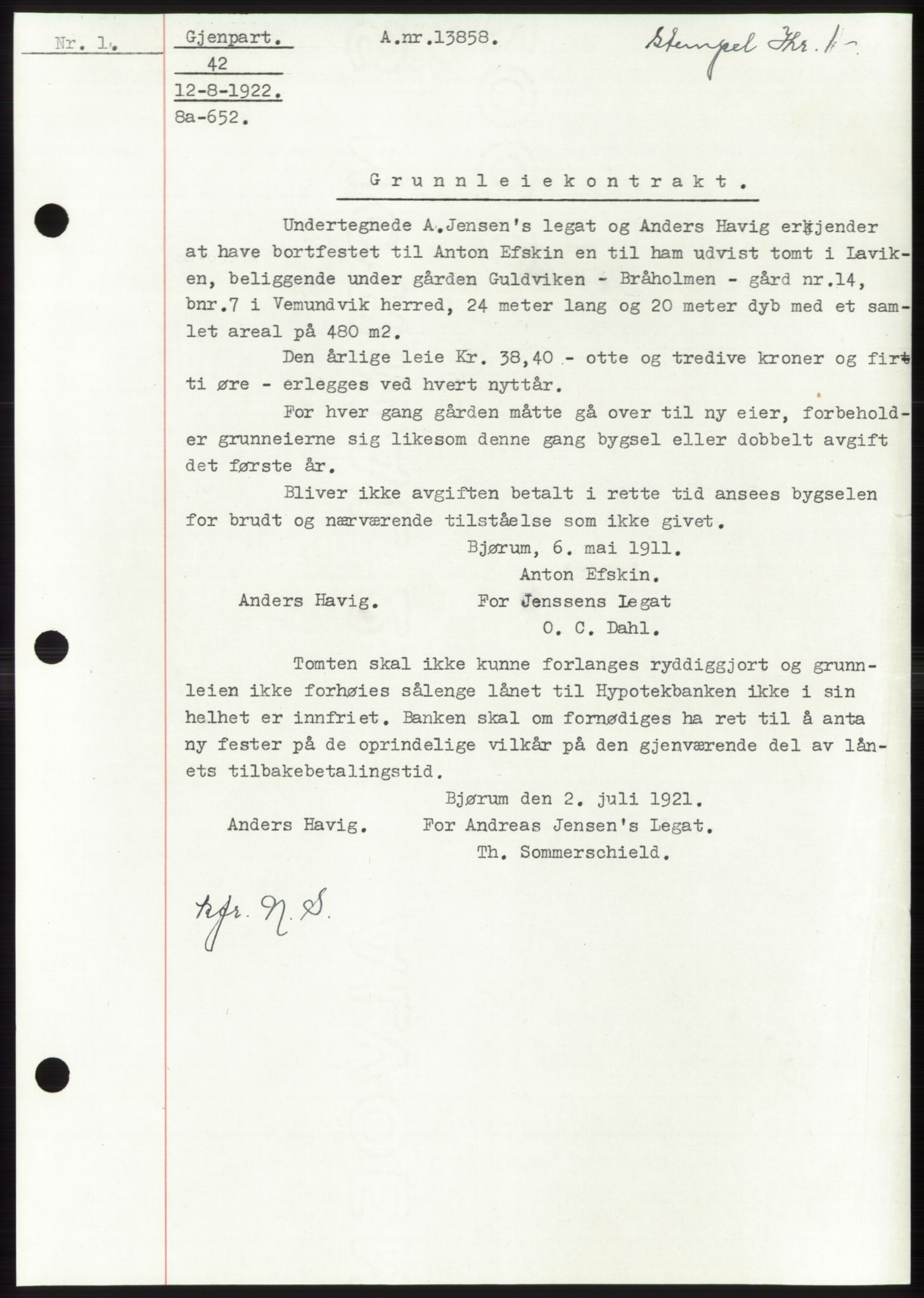 Namdal sorenskriveri, SAT/A-4133/1/2/2C: Pantebok nr. -, 1922-1925, Tingl.dato: 12.08.1922