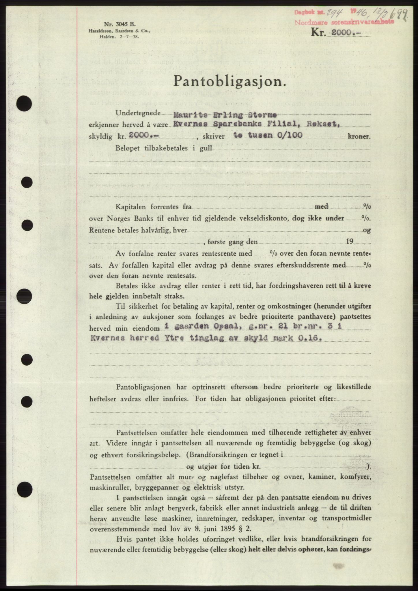 Nordmøre sorenskriveri, SAT/A-4132/1/2/2Ca: Pantebok nr. B93b, 1946-1946, Dagboknr: 394/1946