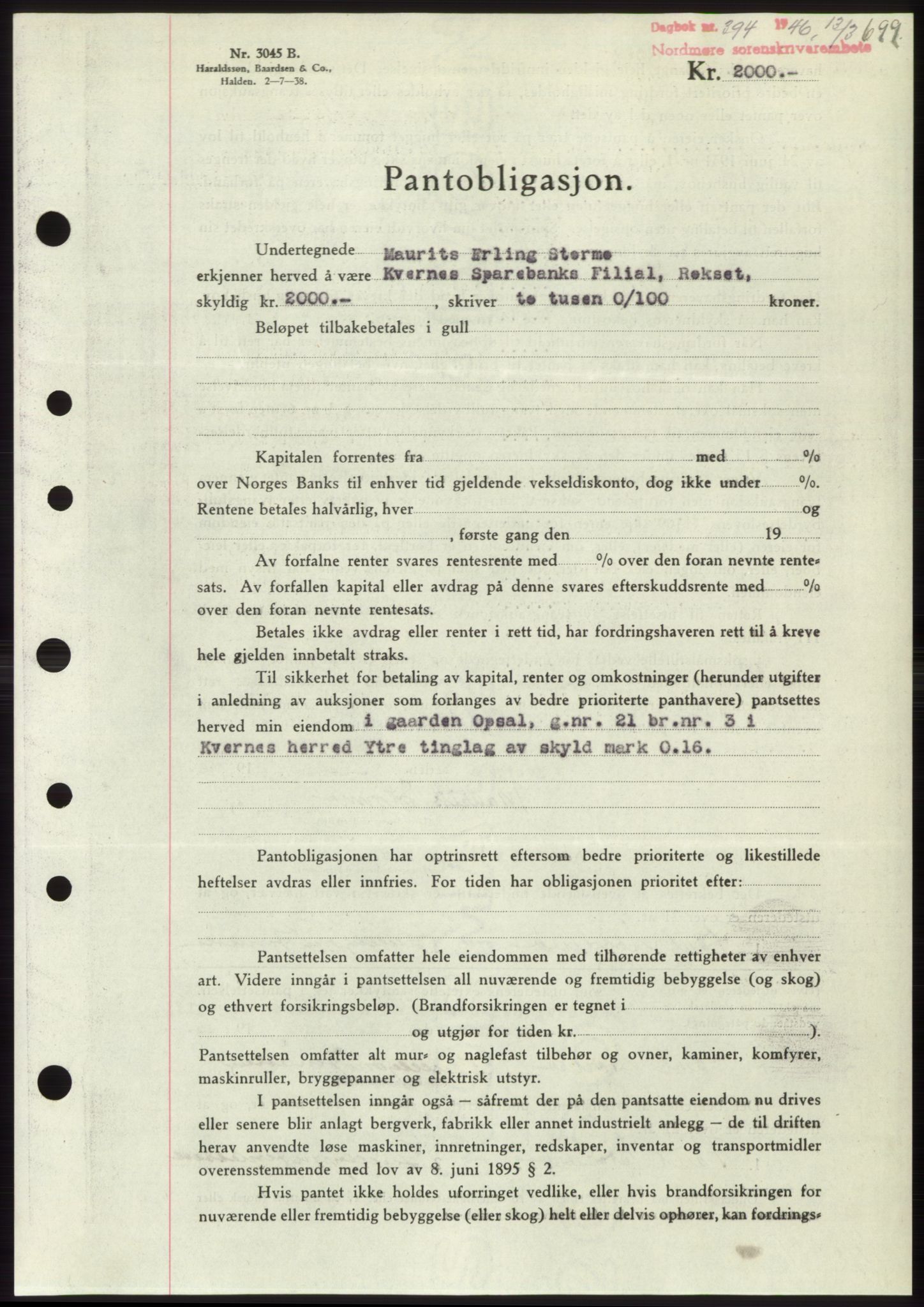 Nordmøre sorenskriveri, AV/SAT-A-4132/1/2/2Ca: Pantebok nr. B93b, 1946-1946, Dagboknr: 394/1946