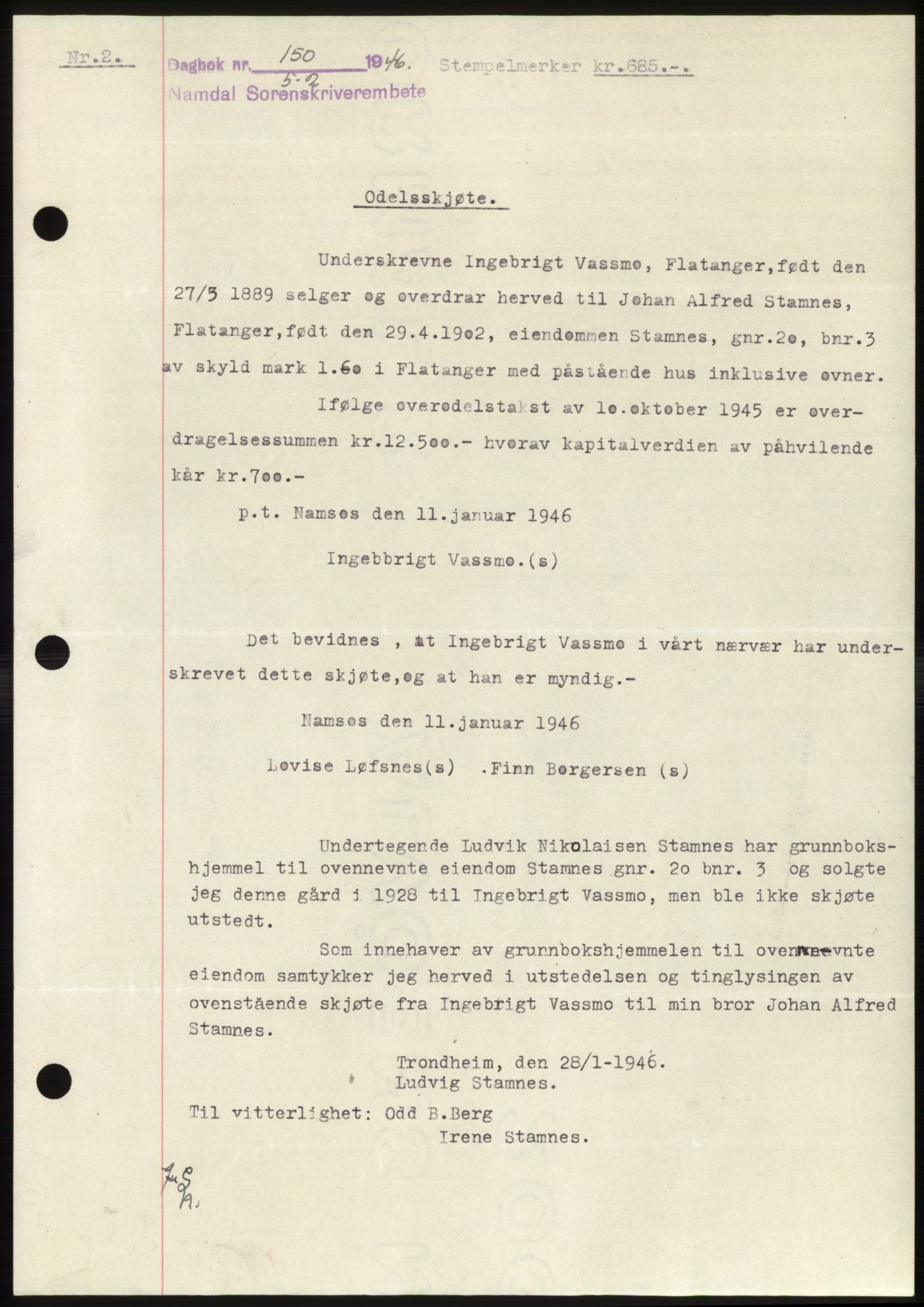 Namdal sorenskriveri, SAT/A-4133/1/2/2C: Pantebok nr. -, 1946-1946, Dagboknr: 150/1946