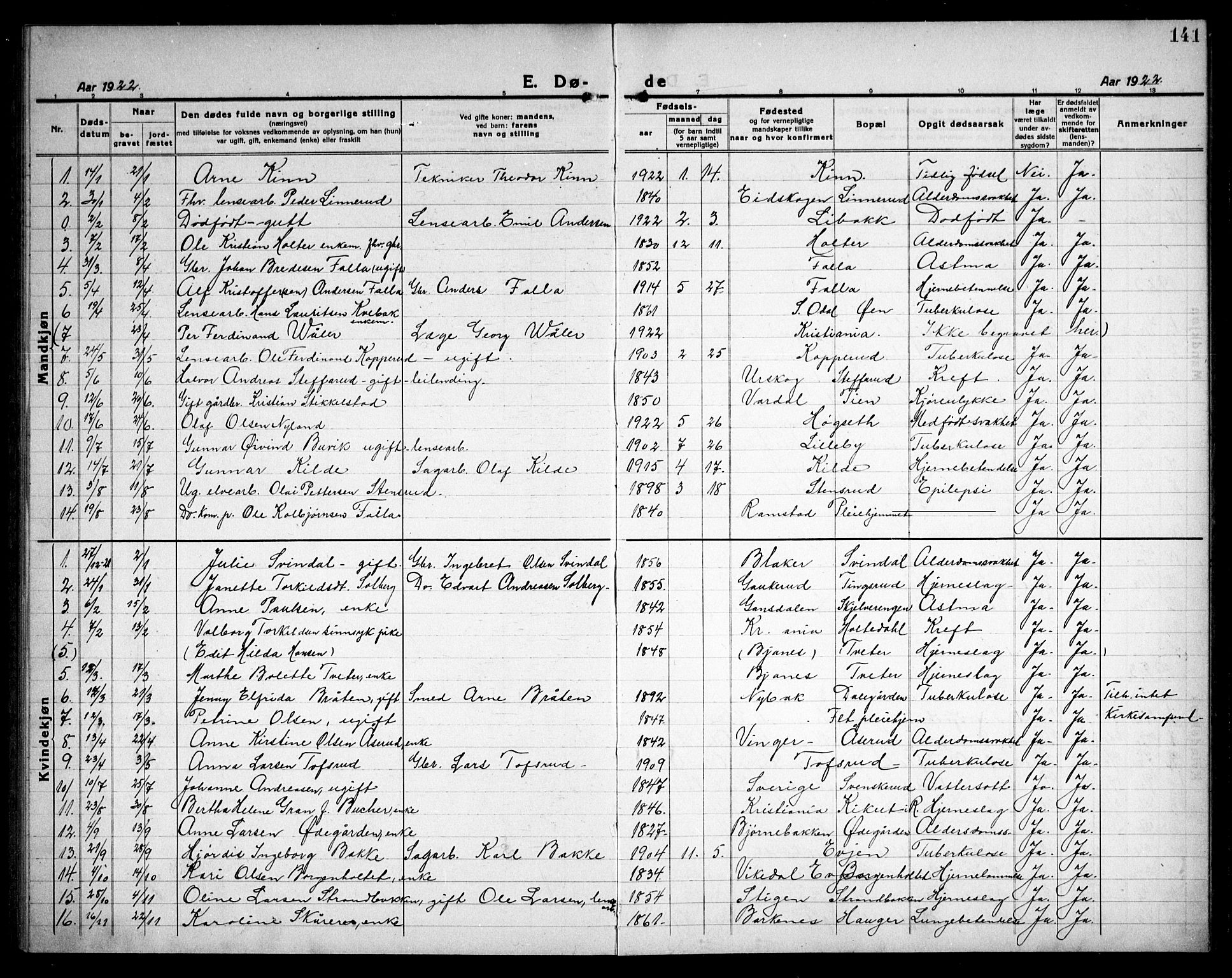 Fet prestekontor Kirkebøker, AV/SAO-A-10370a/G/Ga/L0009: Klokkerbok nr. I 9, 1920-1934, s. 141