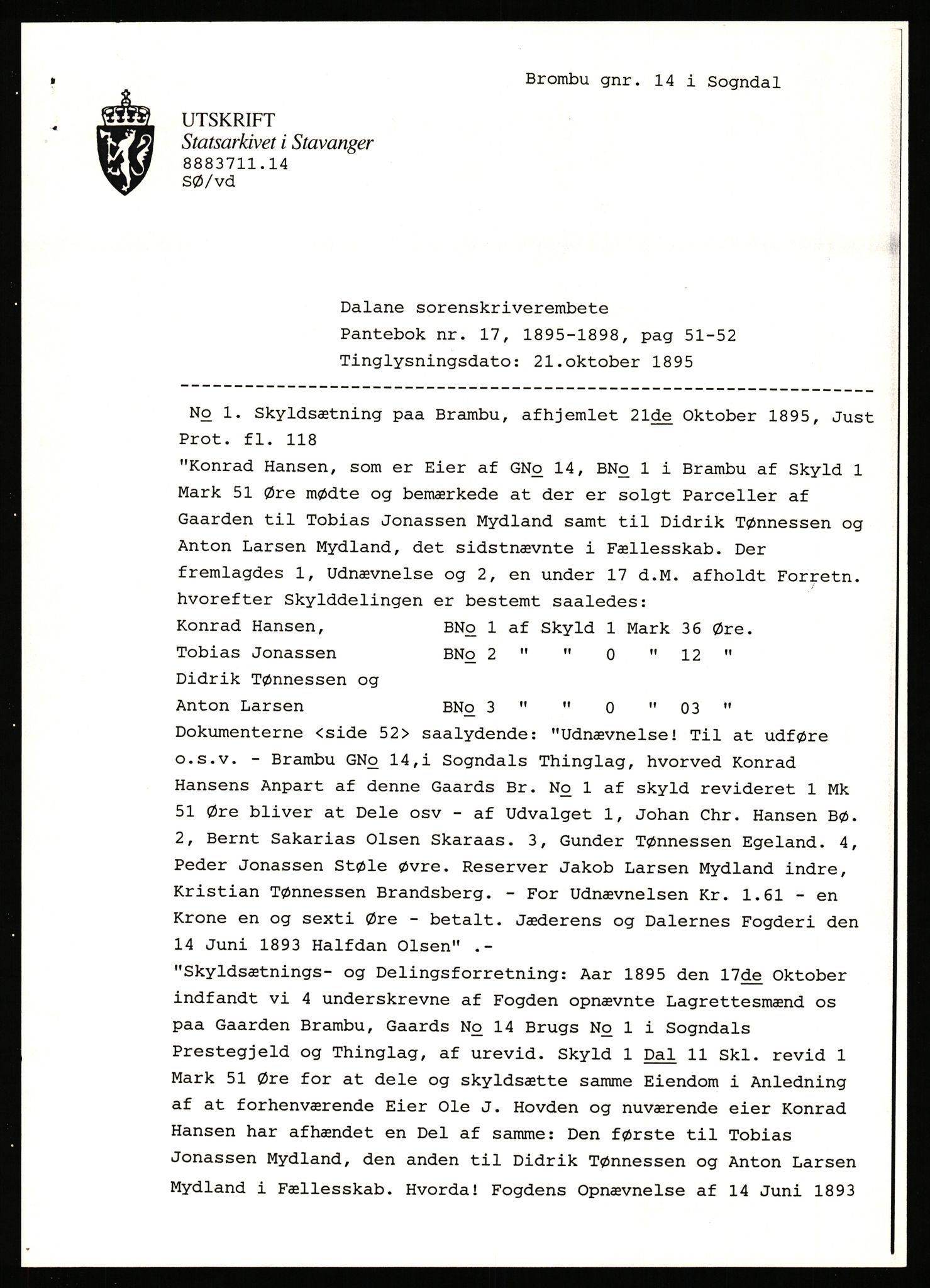 Statsarkivet i Stavanger, AV/SAST-A-101971/03/Y/Yj/L0011: Avskrifter sortert etter gårdsnavn: Bratland i Vikedal - Brommeland, 1750-1930, s. 392