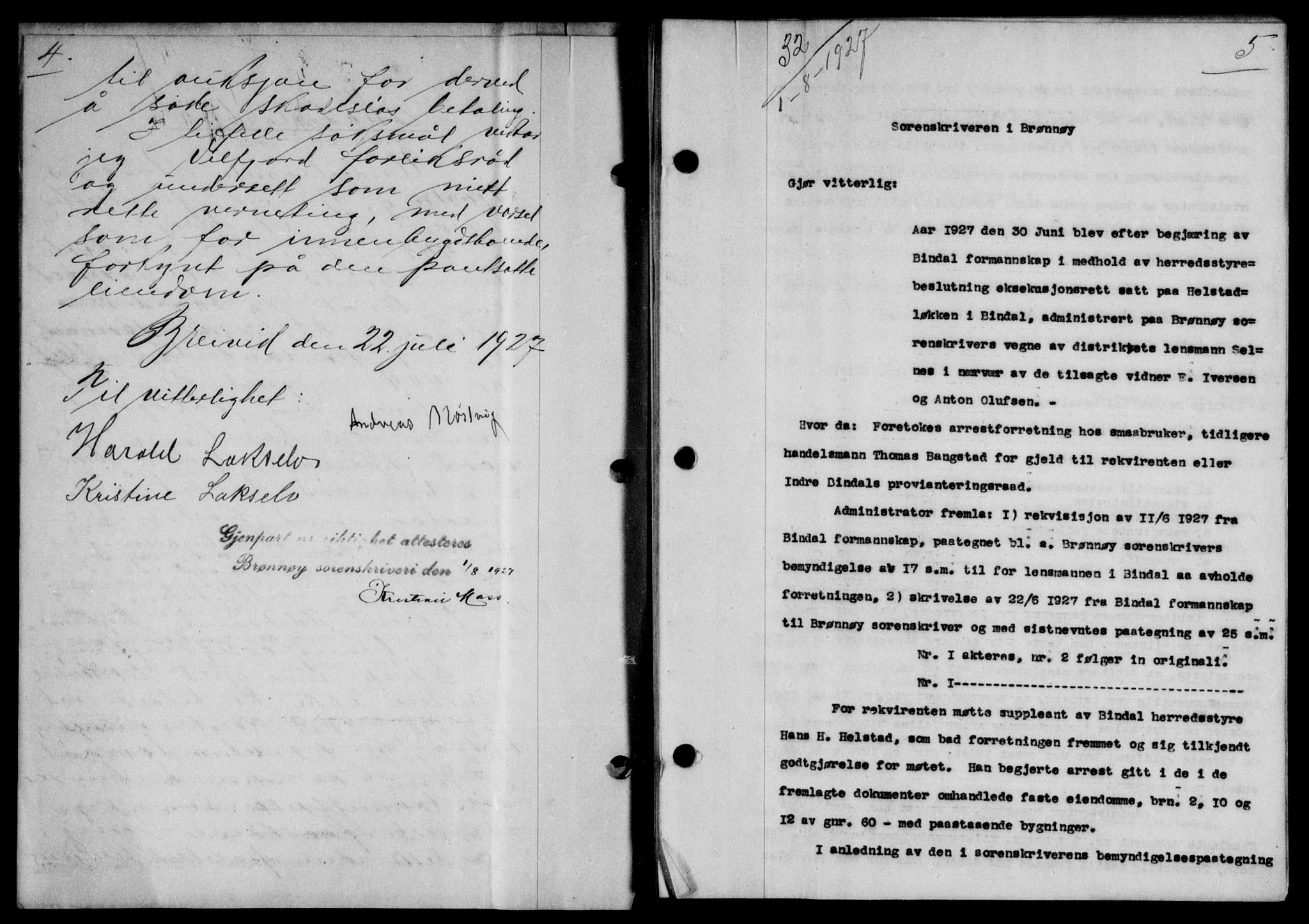Brønnøy sorenskriveri, SAT/A-4170/1/2/2C/L0006: Pantebok nr. 6, 1927-1928, s. 4-5, Tingl.dato: 01.08.1927