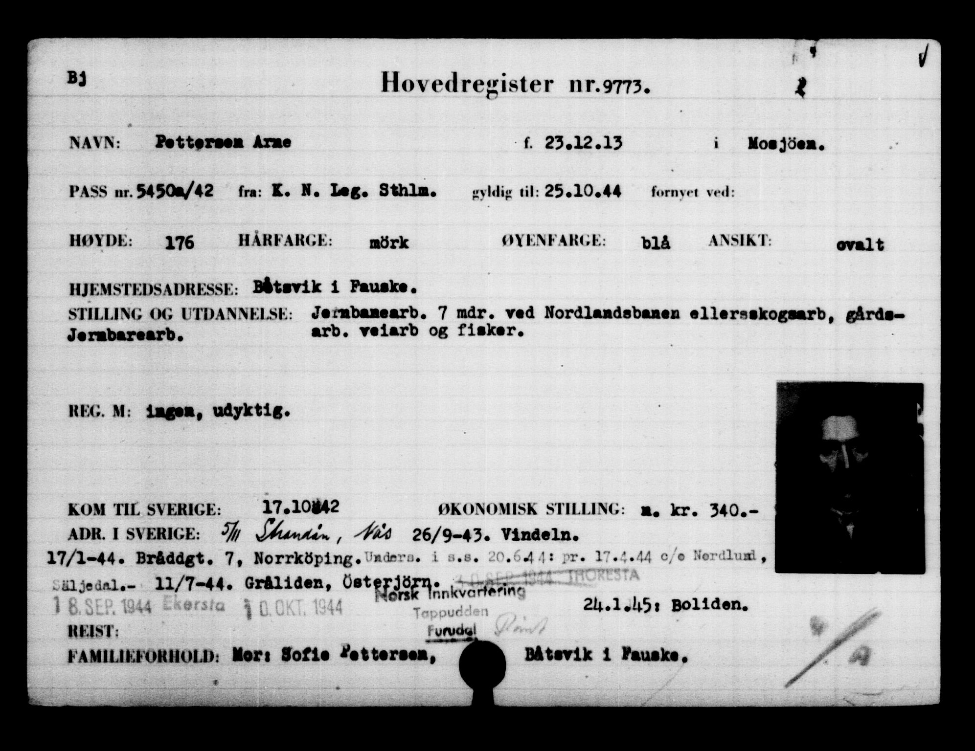 Den Kgl. Norske Legasjons Flyktningskontor, RA/S-6753/V/Va/L0006: Kjesäterkartoteket.  Flyktningenr. 9400-12711, 1940-1945, s. 419