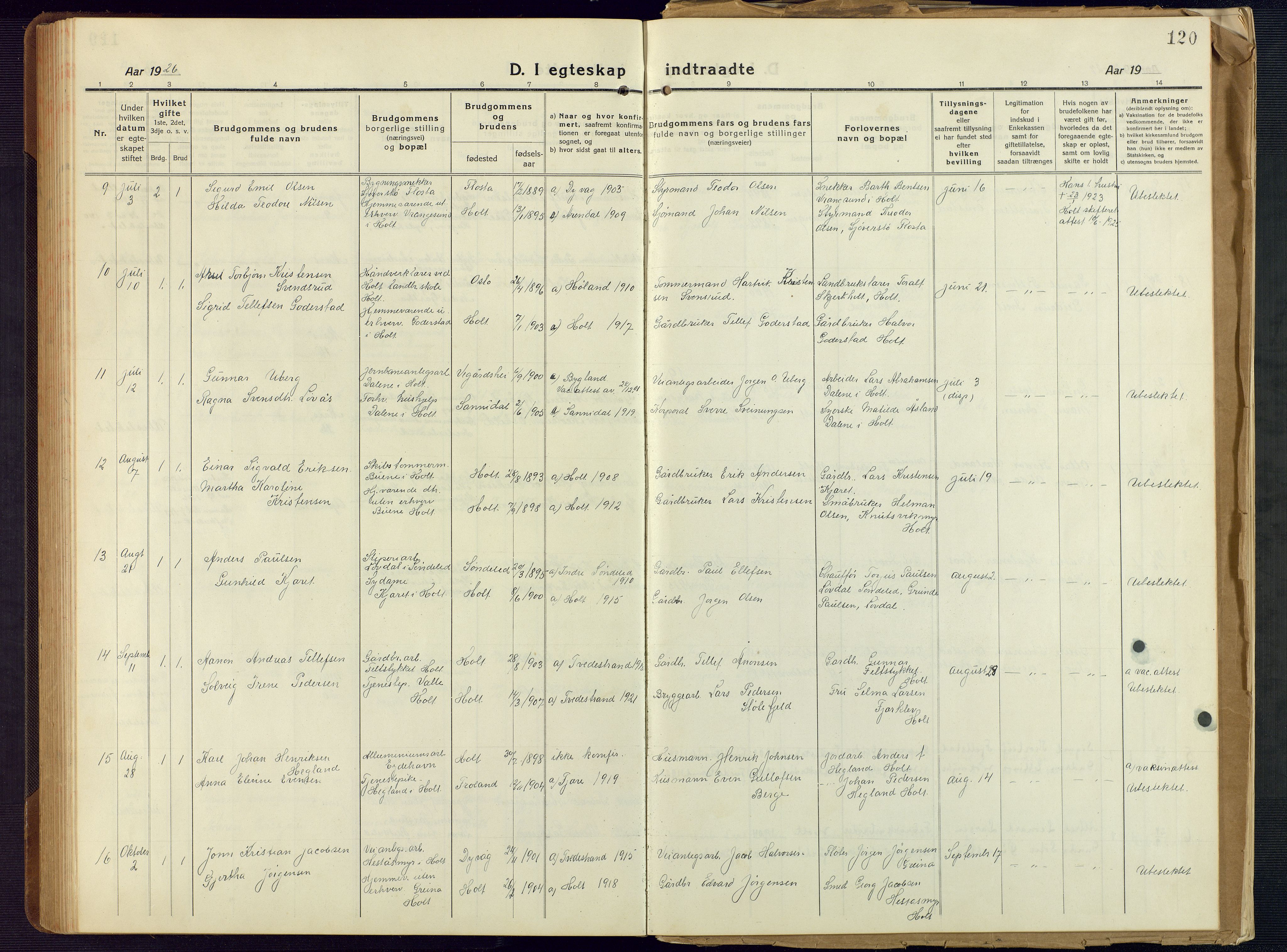 Holt sokneprestkontor, AV/SAK-1111-0021/F/Fb/L0012: Klokkerbok nr. B 12, 1919-1944, s. 120