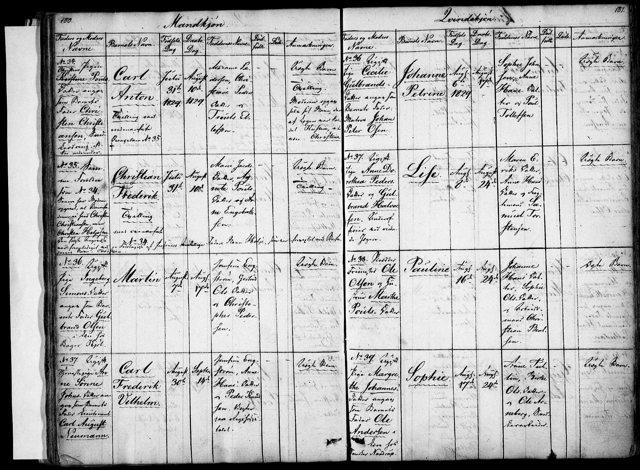 Rikshospitalet prestekontor Kirkebøker, AV/SAO-A-10309b/F/L0001: Ministerialbok nr. 1, 1818-1832, s. 180-181