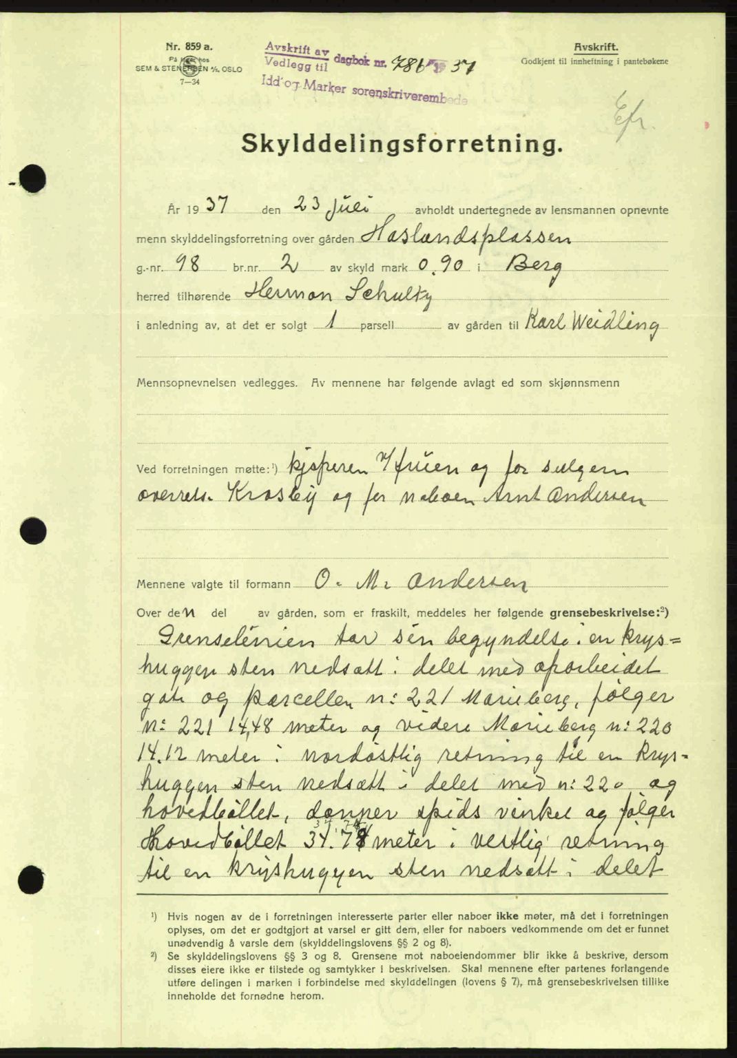 Idd og Marker sorenskriveri, AV/SAO-A-10283/G/Gb/Gbb/L0002: Pantebok nr. A2, 1937-1938, Dagboknr: 786/1937