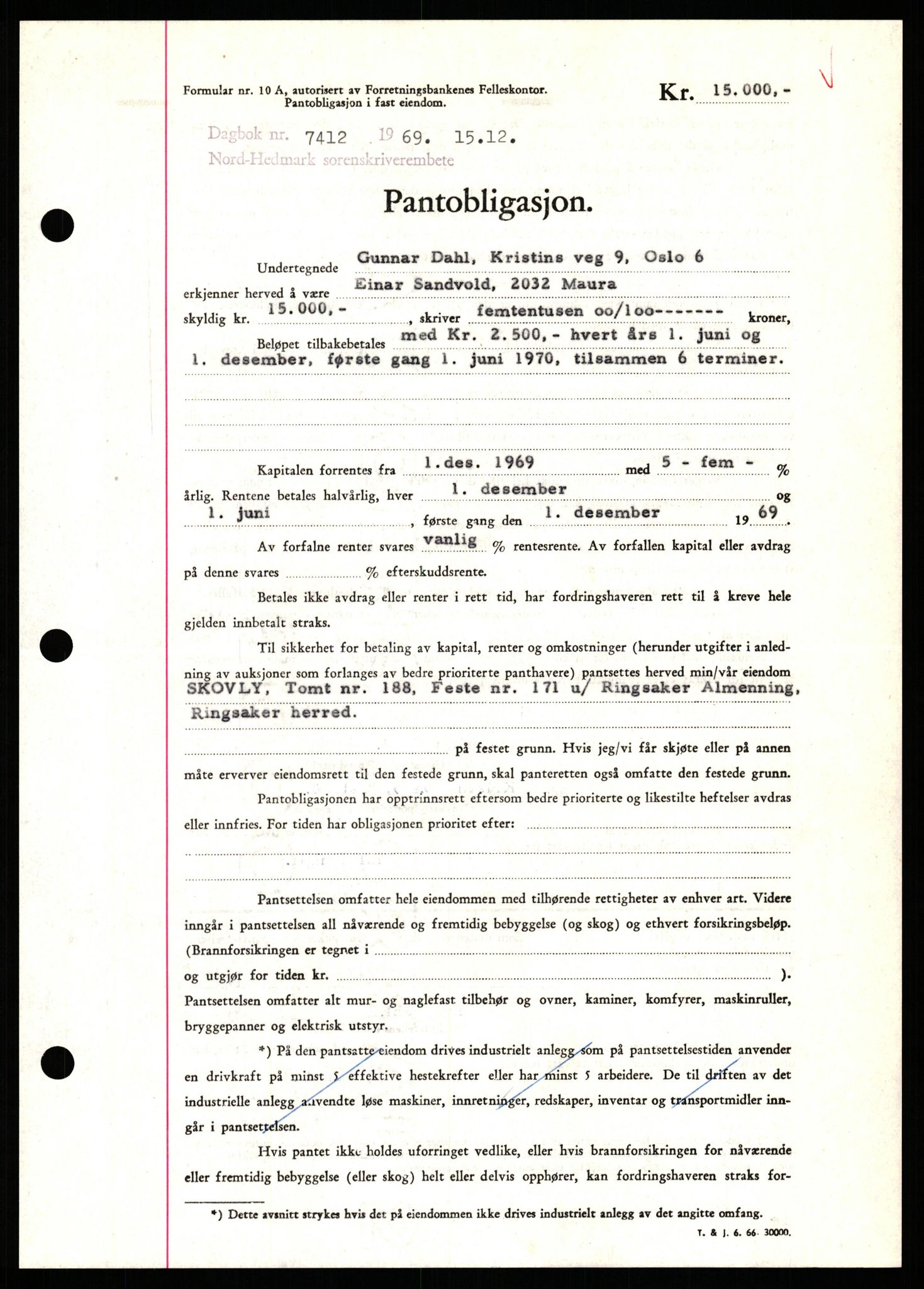 Nord-Hedmark sorenskriveri, SAH/TING-012/H/Hb/Hbf/L0082: Pantebok nr. B82, 1969-1969, Dagboknr: 7412/1969