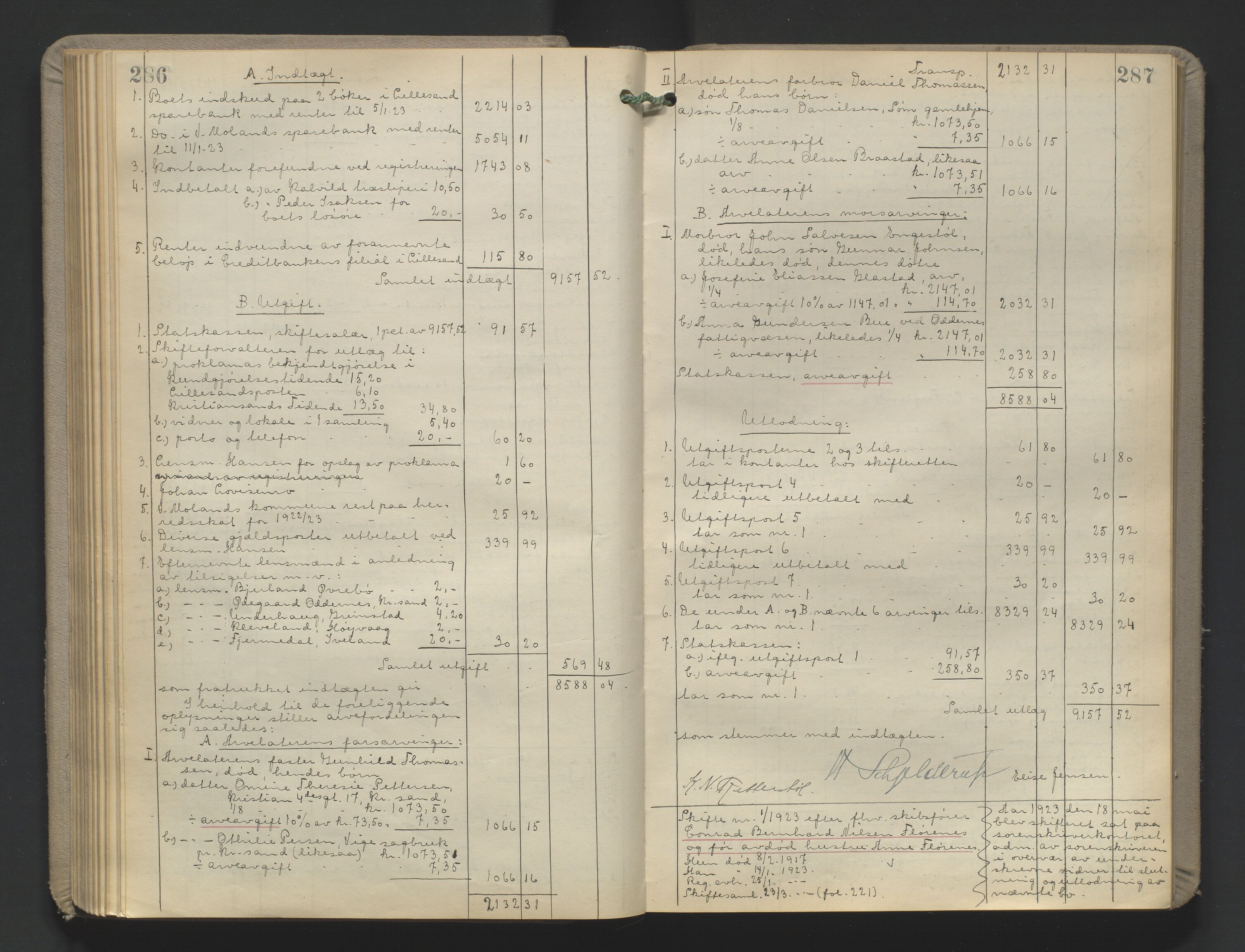 Vestre Nedenes/Sand sorenskriveri, AV/SAK-1221-0010/H/Hc/L0022: Skifteutlodningsprotokoll nr. 9, 1919-1932, s. 286-287