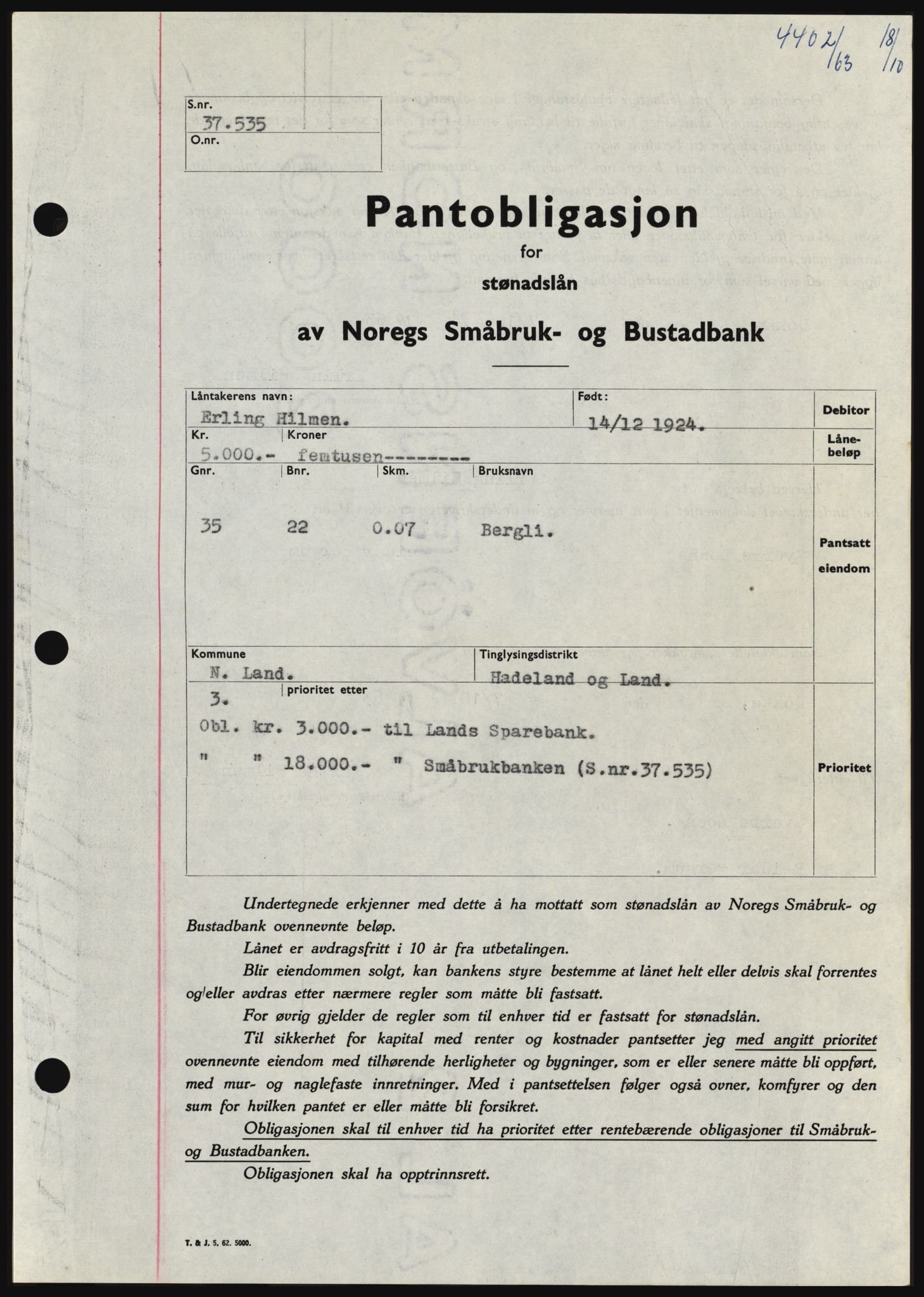 Hadeland og Land tingrett, SAH/TING-010/H/Hb/Hbc/L0053: Pantebok nr. B53, 1963-1964, Dagboknr: 4402/1963