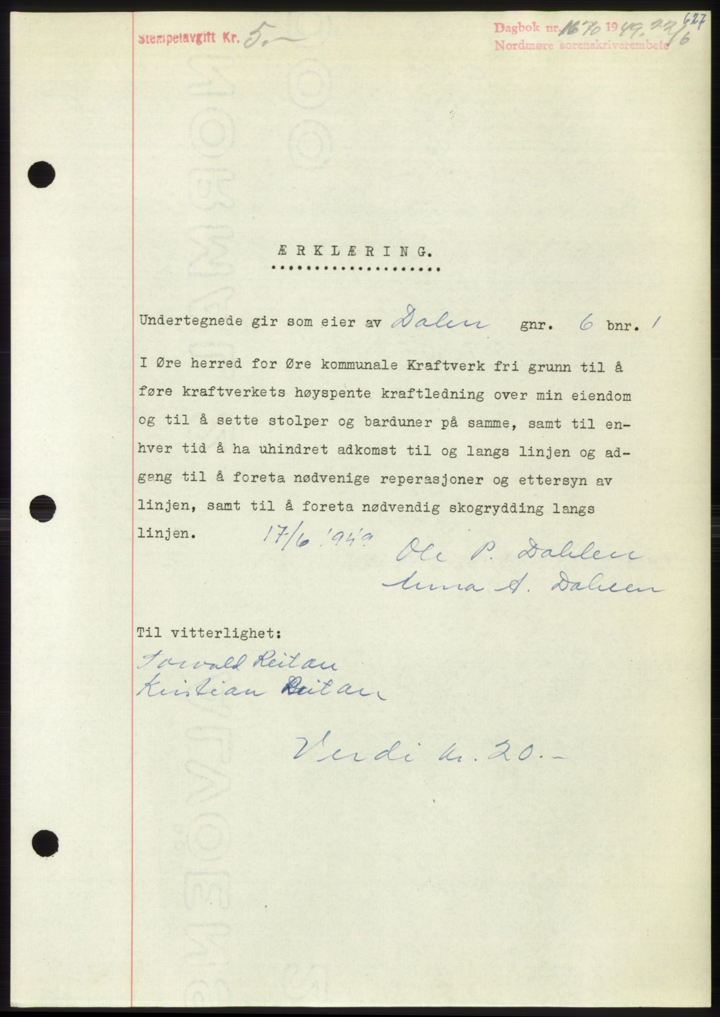 Nordmøre sorenskriveri, SAT/A-4132/1/2/2Ca: Pantebok nr. B101, 1949-1949, Dagboknr: 1670/1949