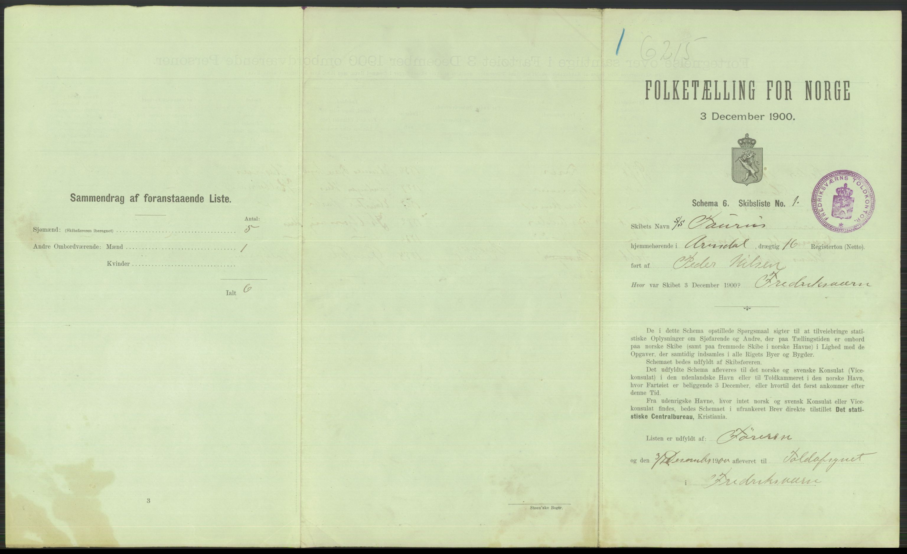 RA, Folketelling 1900 - skipslister med personlister for skip i norske havner, utenlandske havner og til havs, 1900, s. 507