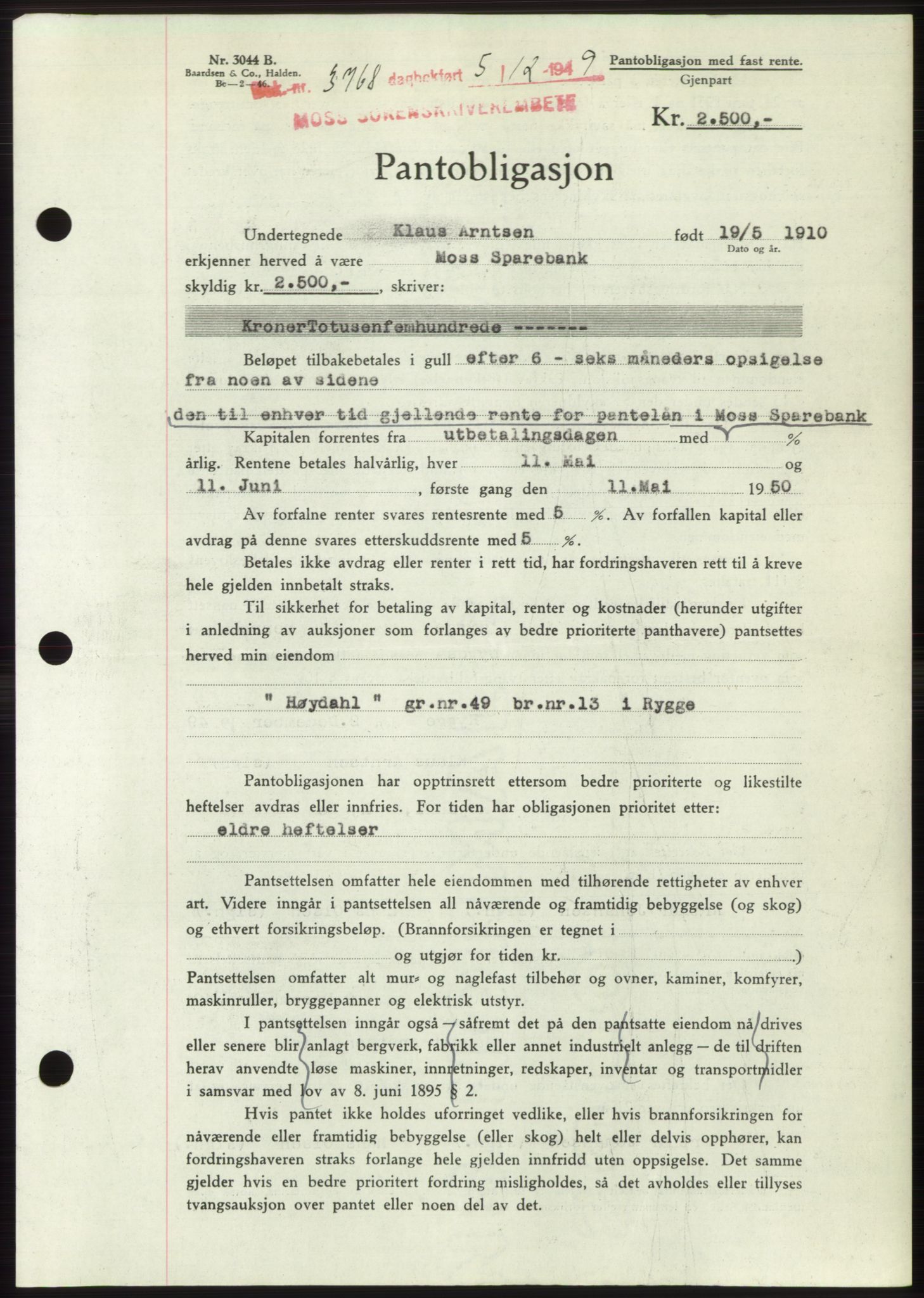 Moss sorenskriveri, SAO/A-10168: Pantebok nr. B23, 1949-1950, Dagboknr: 3768/1949