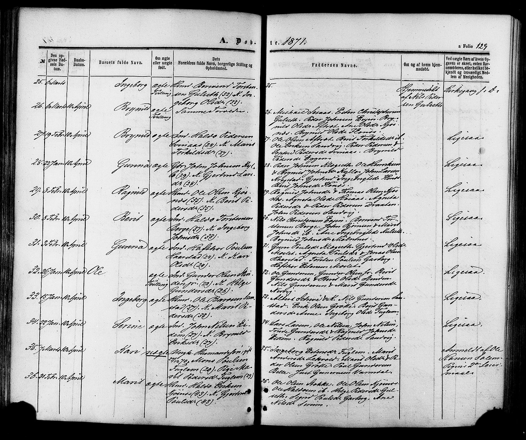Ministerialprotokoller, klokkerbøker og fødselsregistre - Sør-Trøndelag, SAT/A-1456/695/L1147: Ministerialbok nr. 695A07, 1860-1877, s. 129