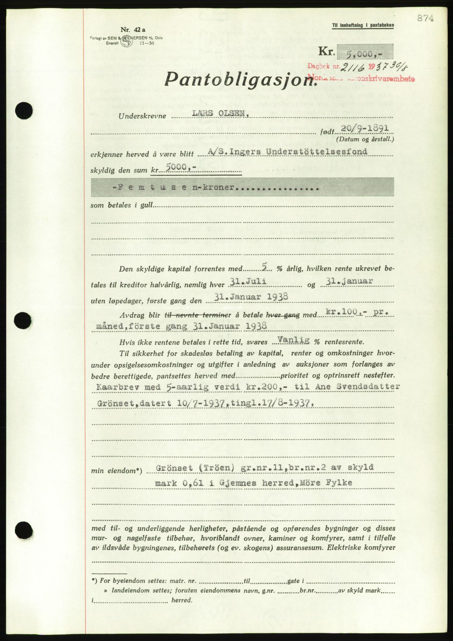 Nordmøre sorenskriveri, AV/SAT-A-4132/1/2/2Ca/L0091: Pantebok nr. B81, 1937-1937, Dagboknr: 2116/1937