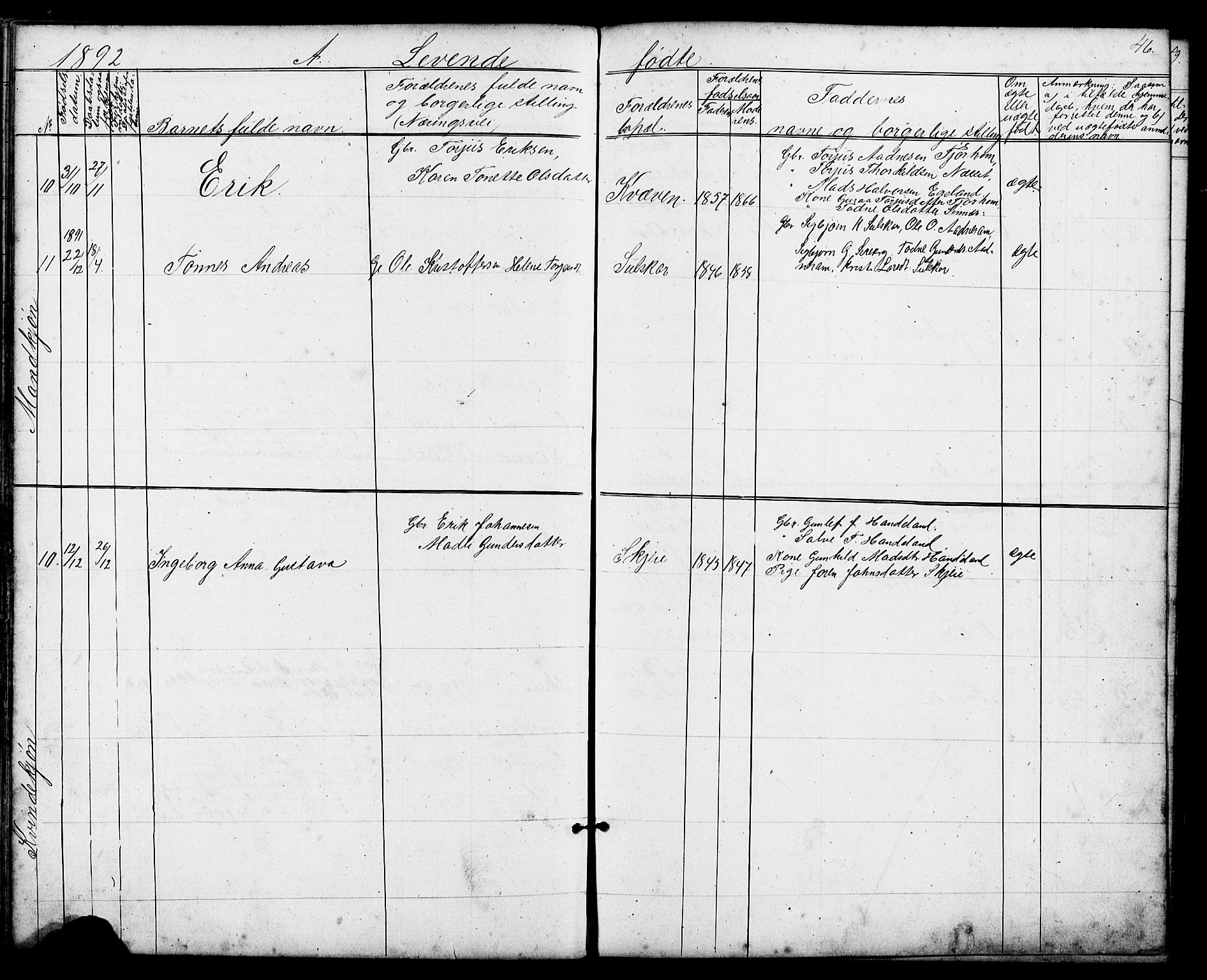 Sirdal sokneprestkontor, AV/SAK-1111-0036/F/Fb/Fba/L0001: Klokkerbok nr. B 1, 1872-1905, s. 46