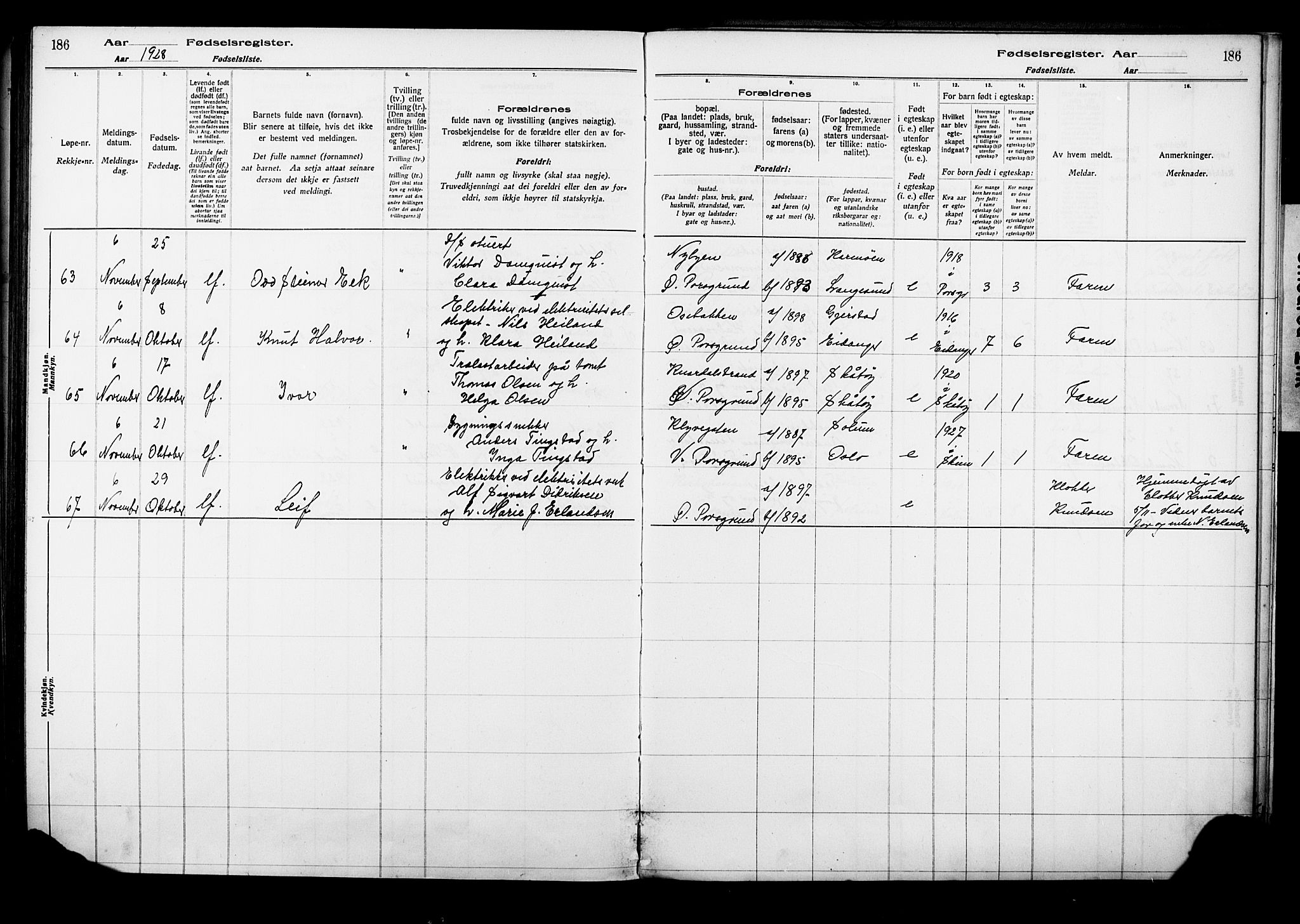 Porsgrunn kirkebøker , AV/SAKO-A-104/J/Ja/L0001: Fødselsregister nr. 1, 1916-1929, s. 186