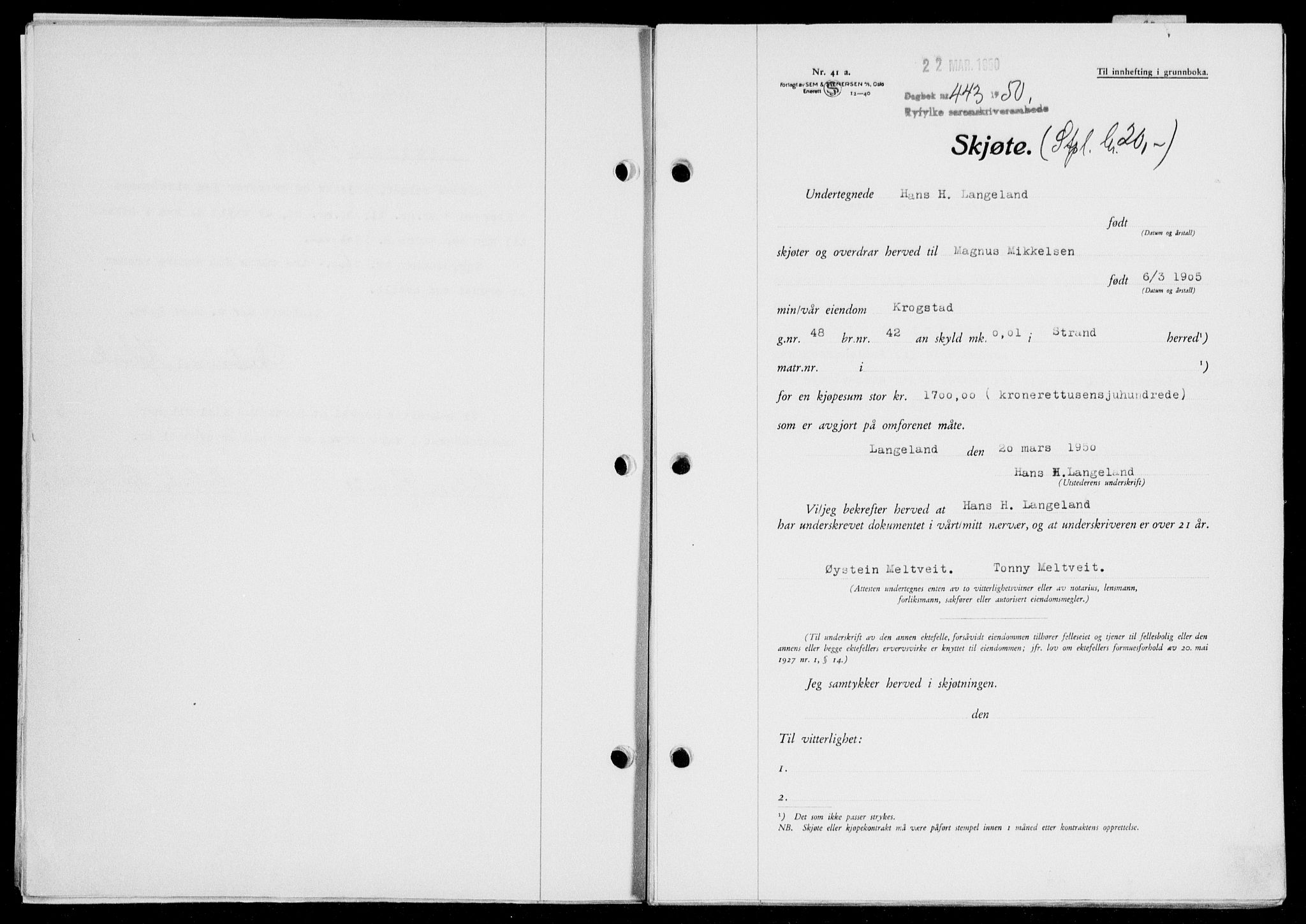 Ryfylke tingrett, SAST/A-100055/001/II/IIB/L0109: Pantebok nr. 88, 1950-1950, Dagboknr: 443/1950