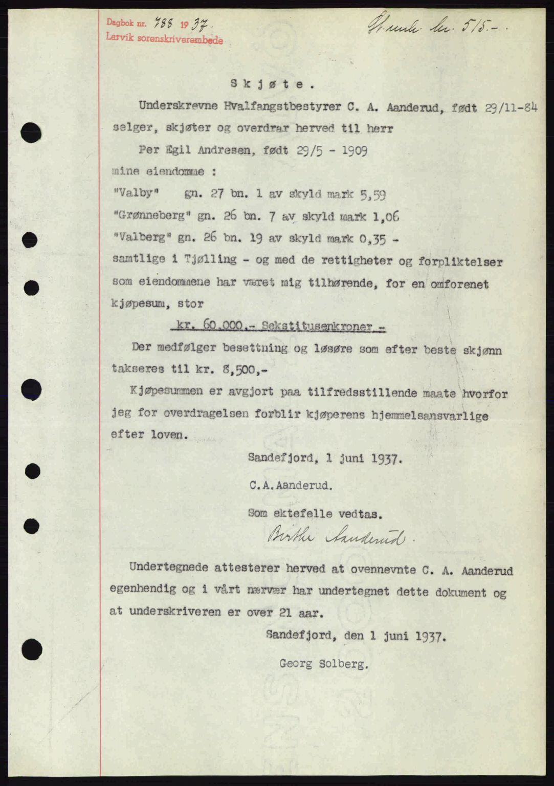 Larvik sorenskriveri, SAKO/A-83/G/Ga/Gab/L0067: Pantebok nr. A-1, 1936-1937, Dagboknr: 788/1937