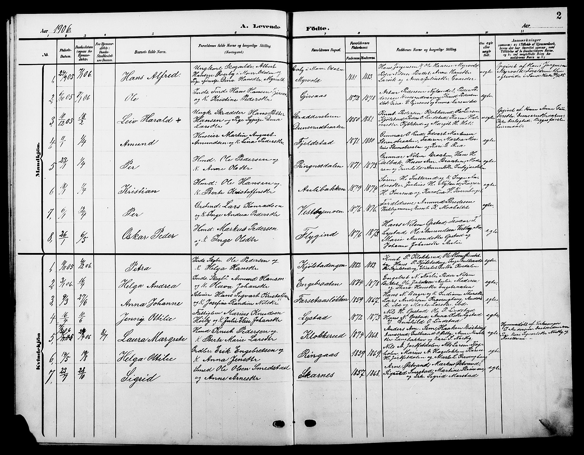 Sør-Odal prestekontor, AV/SAH-PREST-030/H/Ha/Hab/L0006: Klokkerbok nr. 6, 1906-1919, s. 2