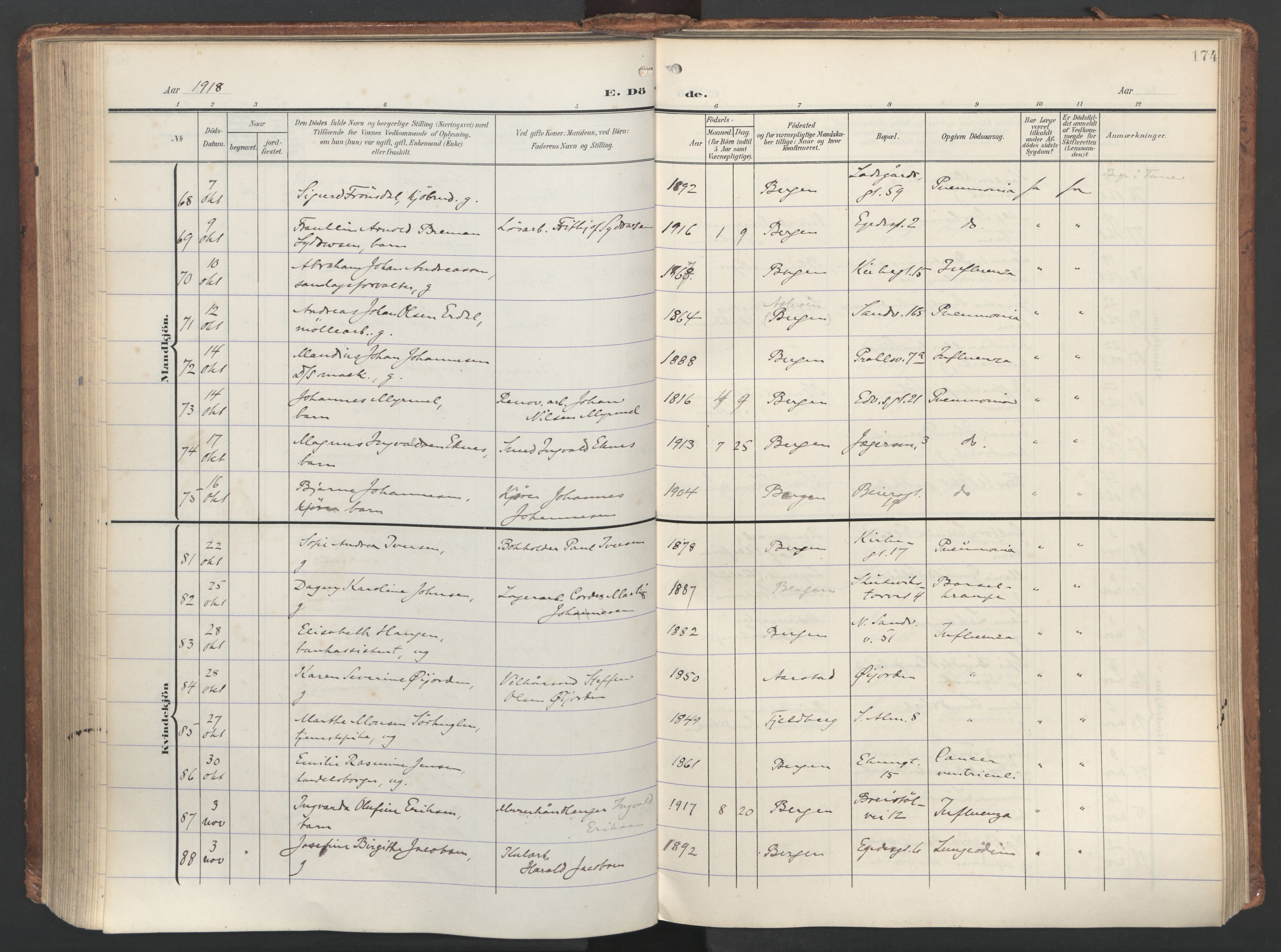 Sandviken Sokneprestembete, SAB/A-77601/H/Ha/L0019: Ministerialbok nr. E 2, 1905-1933, s. 174