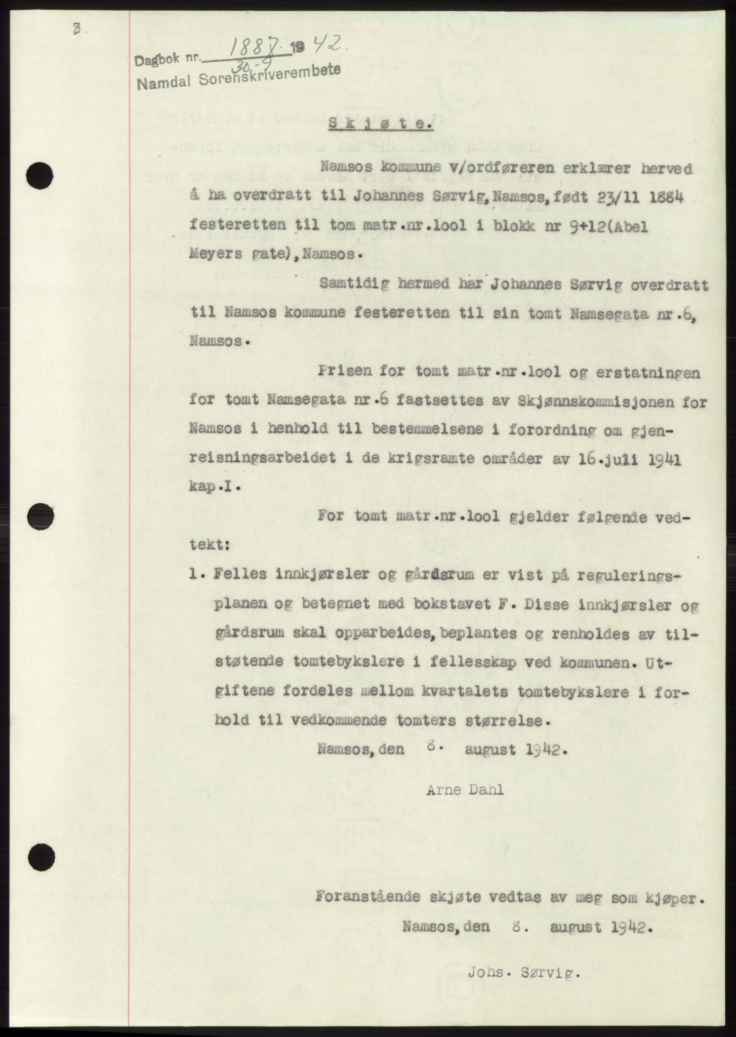 Namdal sorenskriveri, SAT/A-4133/1/2/2C: Pantebok nr. -, 1942-1943, Dagboknr: 1887/1942