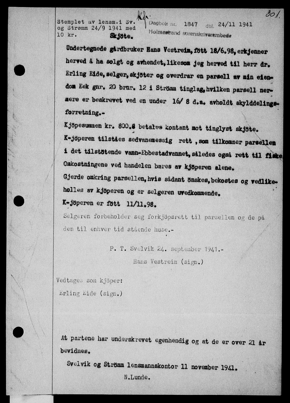 Holmestrand sorenskriveri, SAKO/A-67/G/Ga/Gaa/L0054: Pantebok nr. A-54, 1941-1942, Dagboknr: 1847/1941