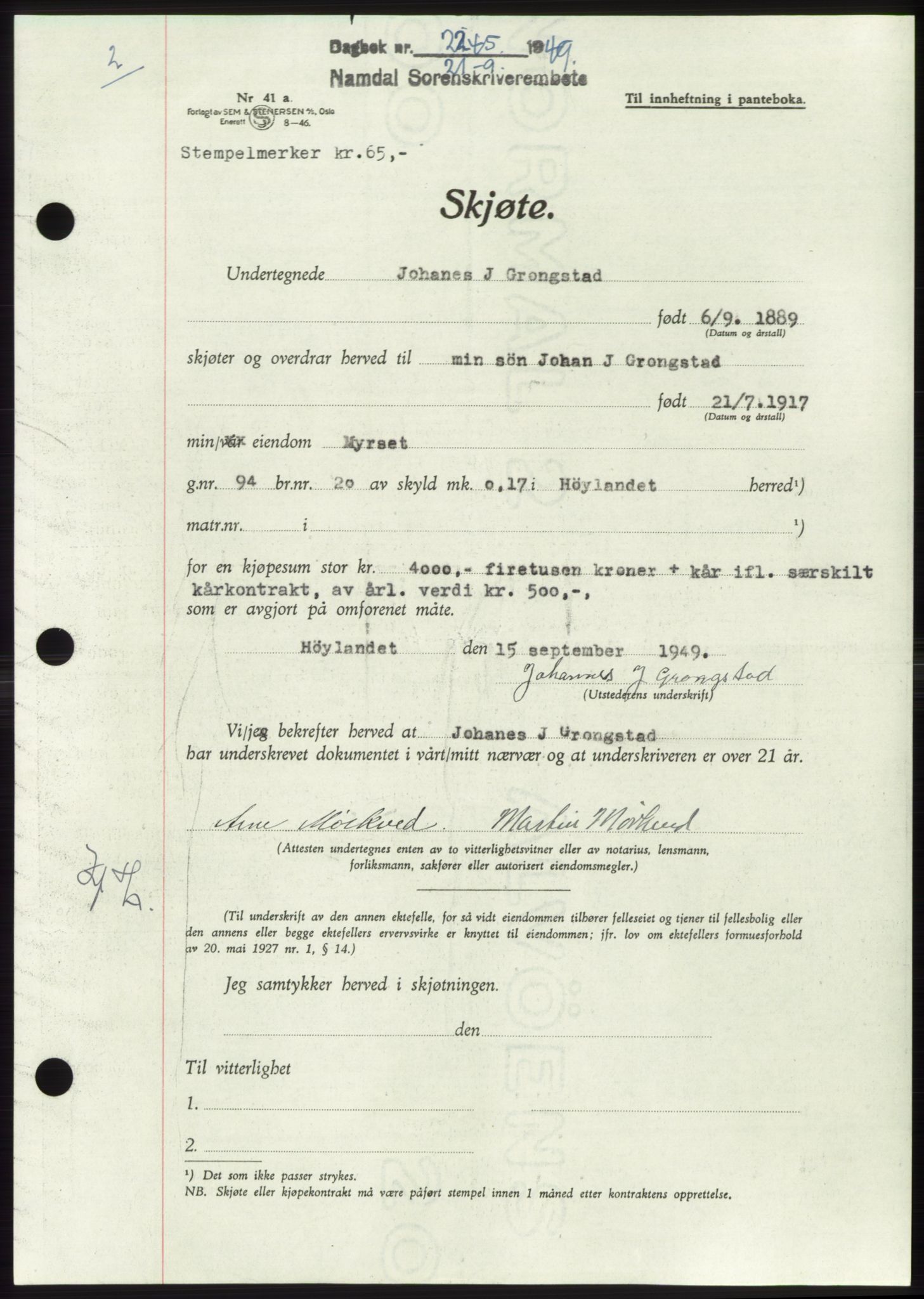 Namdal sorenskriveri, SAT/A-4133/1/2/2C: Pantebok nr. -, 1949-1949, Dagboknr: 2245/1949