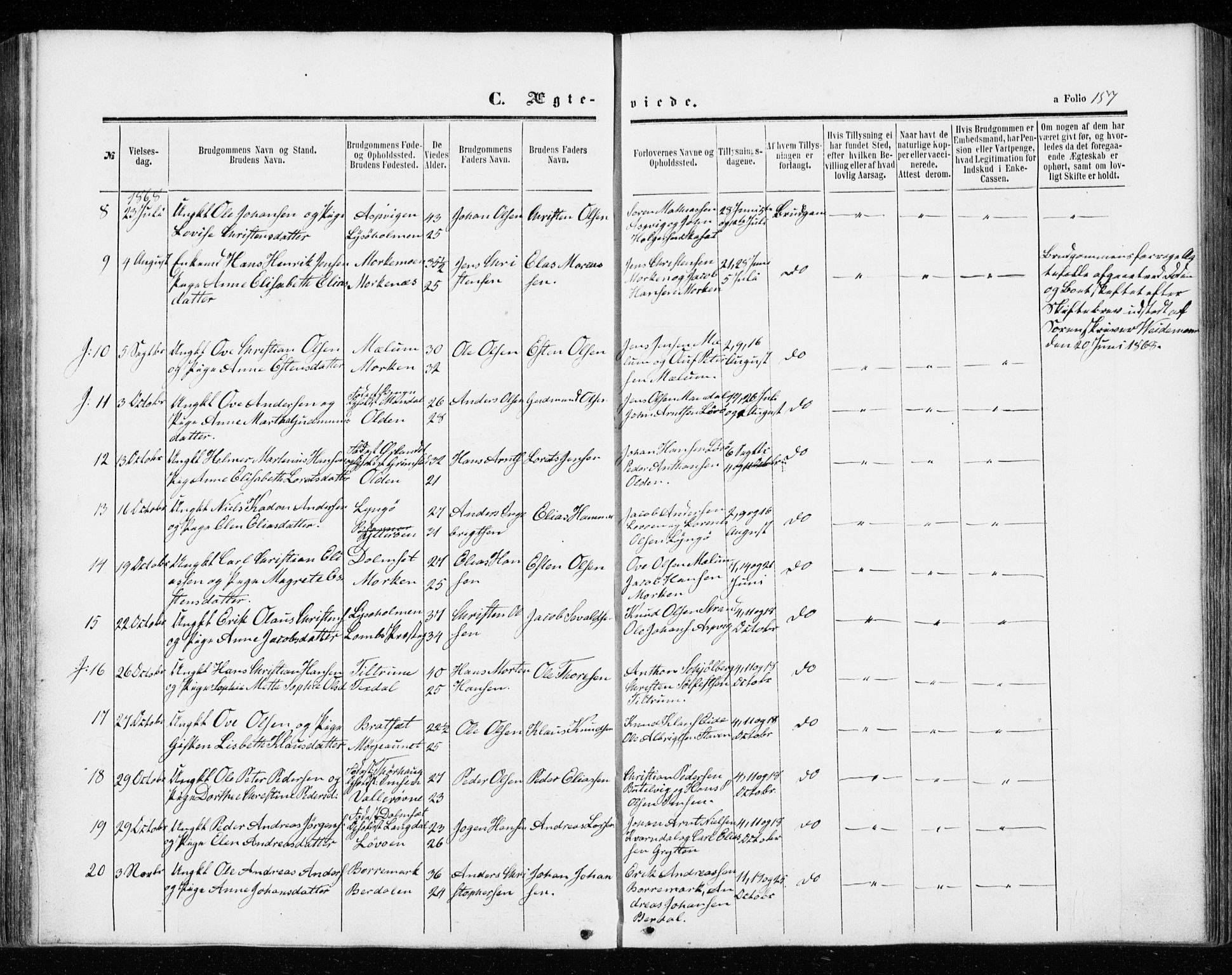 Ministerialprotokoller, klokkerbøker og fødselsregistre - Sør-Trøndelag, SAT/A-1456/655/L0678: Ministerialbok nr. 655A07, 1861-1873, s. 157