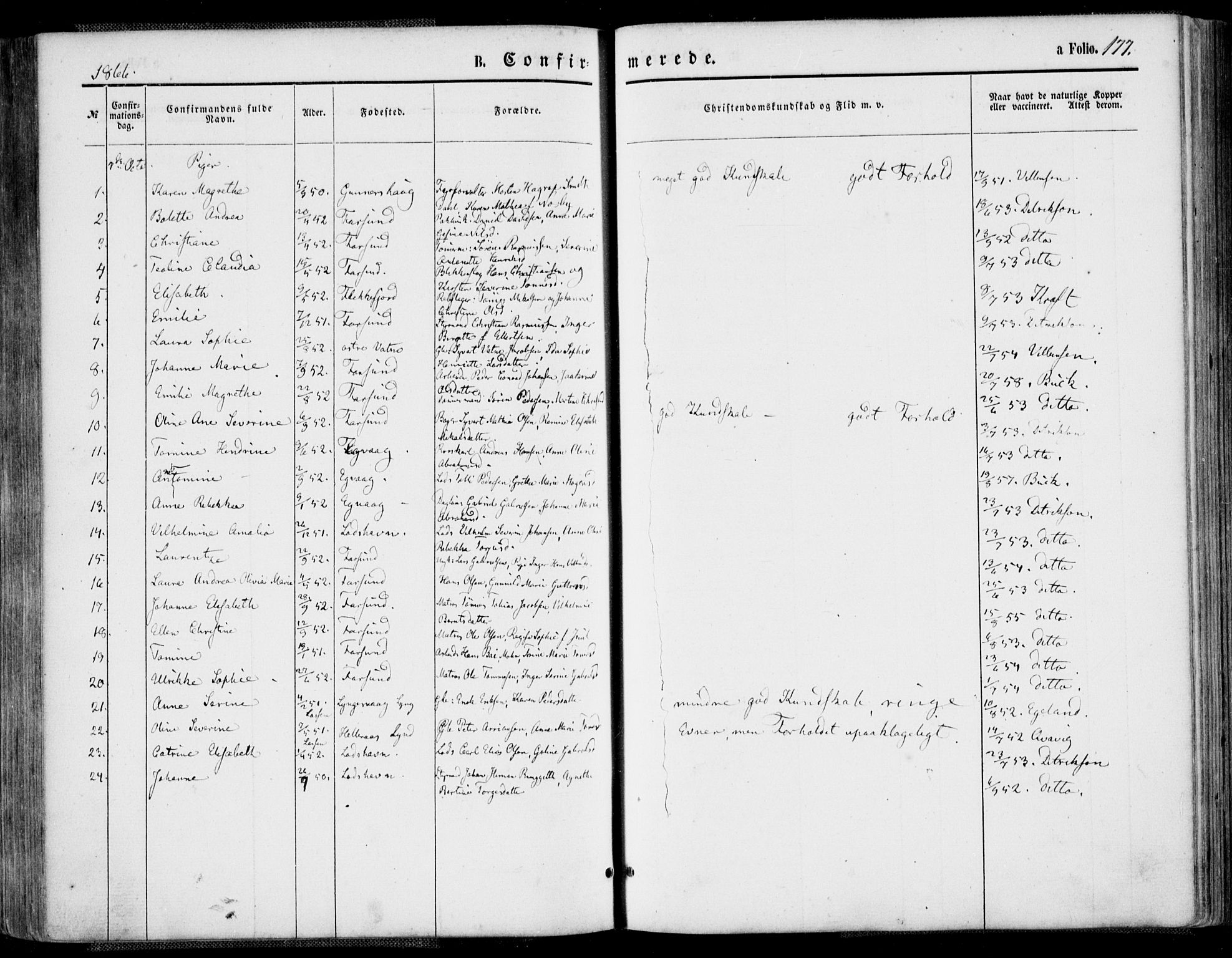 Farsund sokneprestkontor, AV/SAK-1111-0009/F/Fa/L0005: Ministerialbok nr. A 5, 1863-1886, s. 177