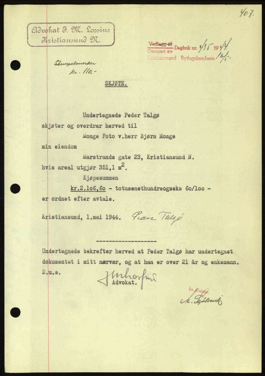 Kristiansund byfogd, AV/SAT-A-4587/A/27: Pantebok nr. 34, 1941-1945, Dagboknr: 435/1944