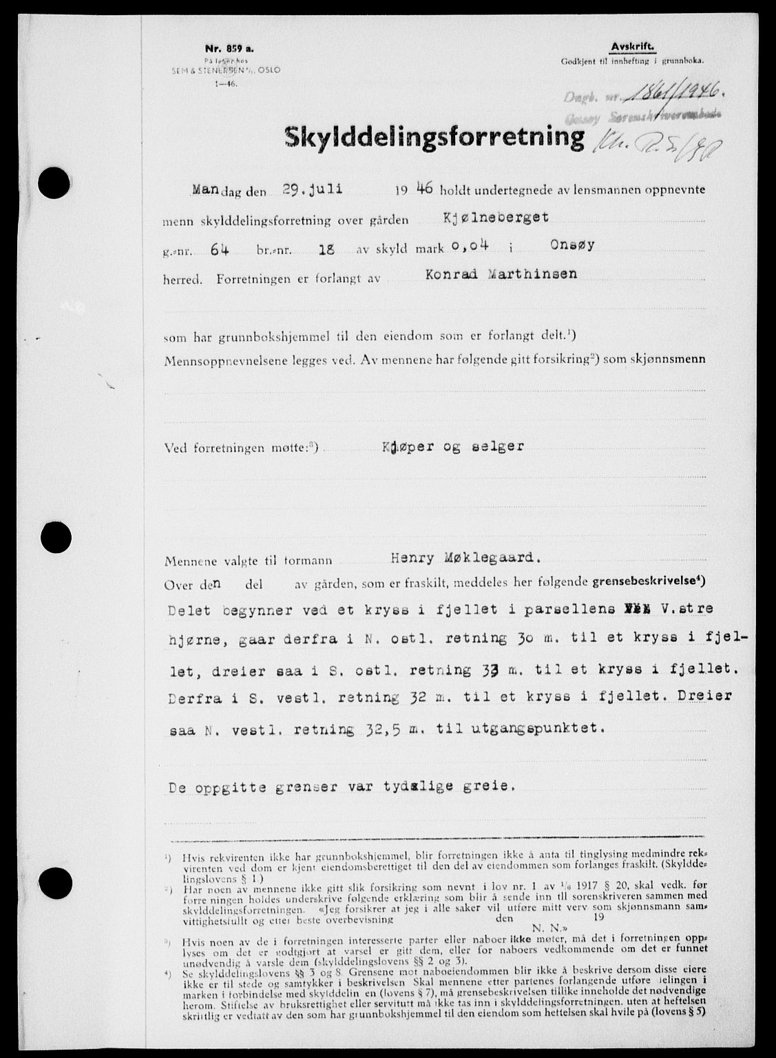 Onsøy sorenskriveri, SAO/A-10474/G/Ga/Gab/L0017: Pantebok nr. II A-17, 1946-1946, Dagboknr: 1861/1946