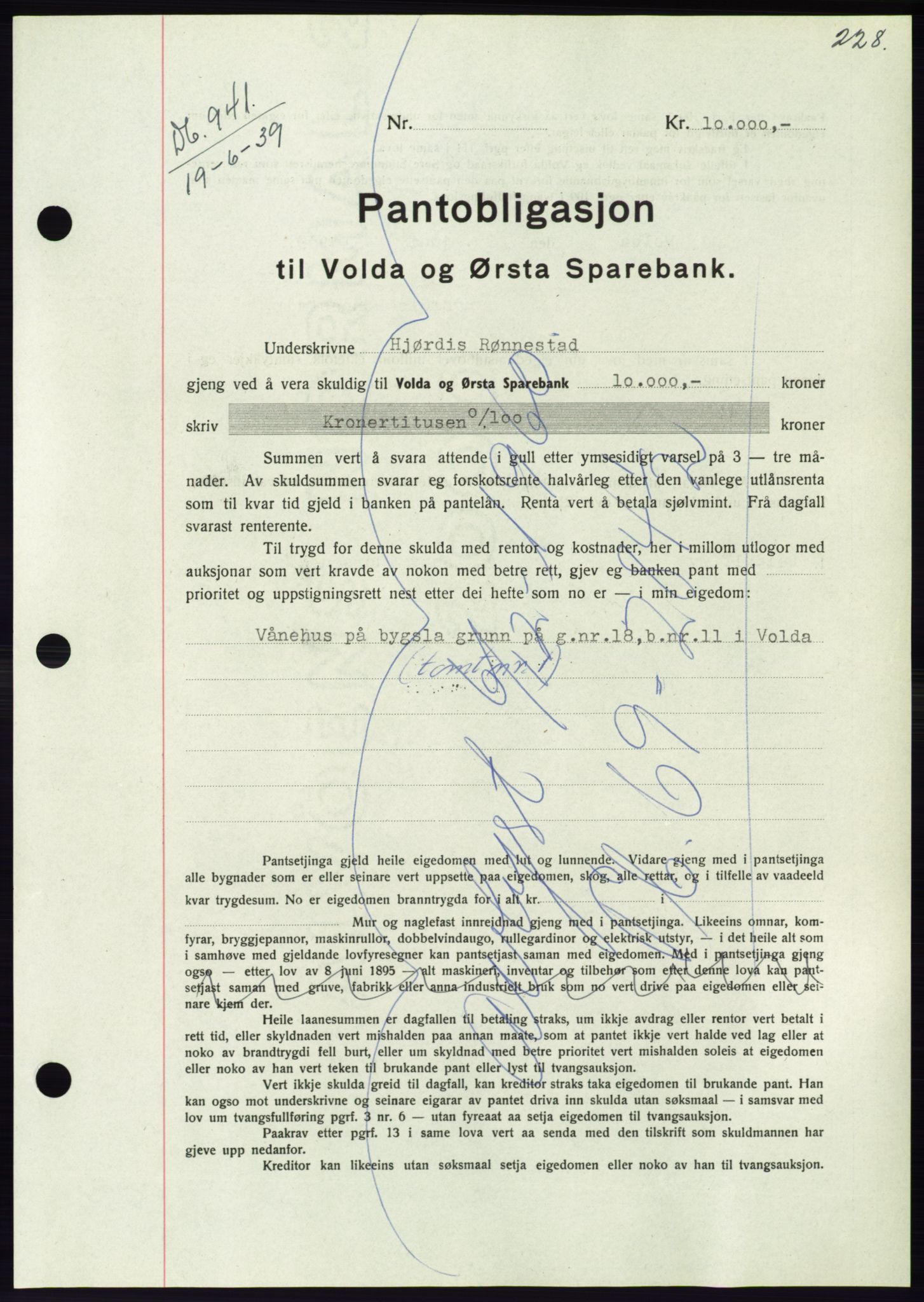 Søre Sunnmøre sorenskriveri, AV/SAT-A-4122/1/2/2C/L0068: Pantebok nr. 62, 1939-1939, Dagboknr: 941/1939