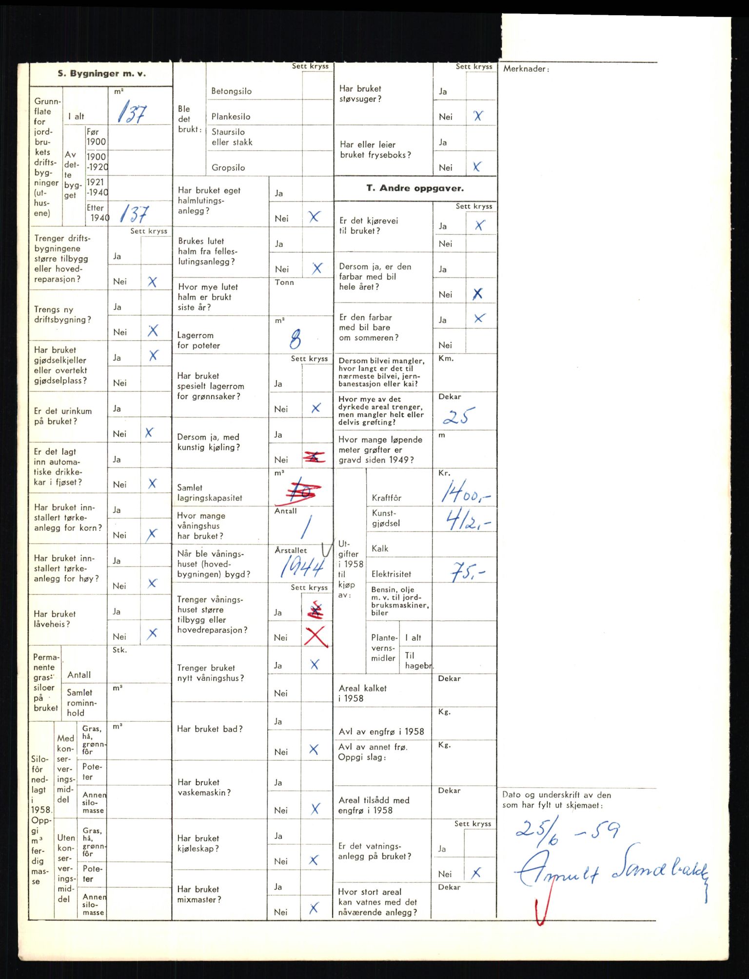 Statistisk sentralbyrå, Næringsøkonomiske emner, Jordbruk, skogbruk, jakt, fiske og fangst, AV/RA-S-2234/G/Gd/L0655: Troms: 1924 Målselv (kl. 4-10), 1959, s. 1799