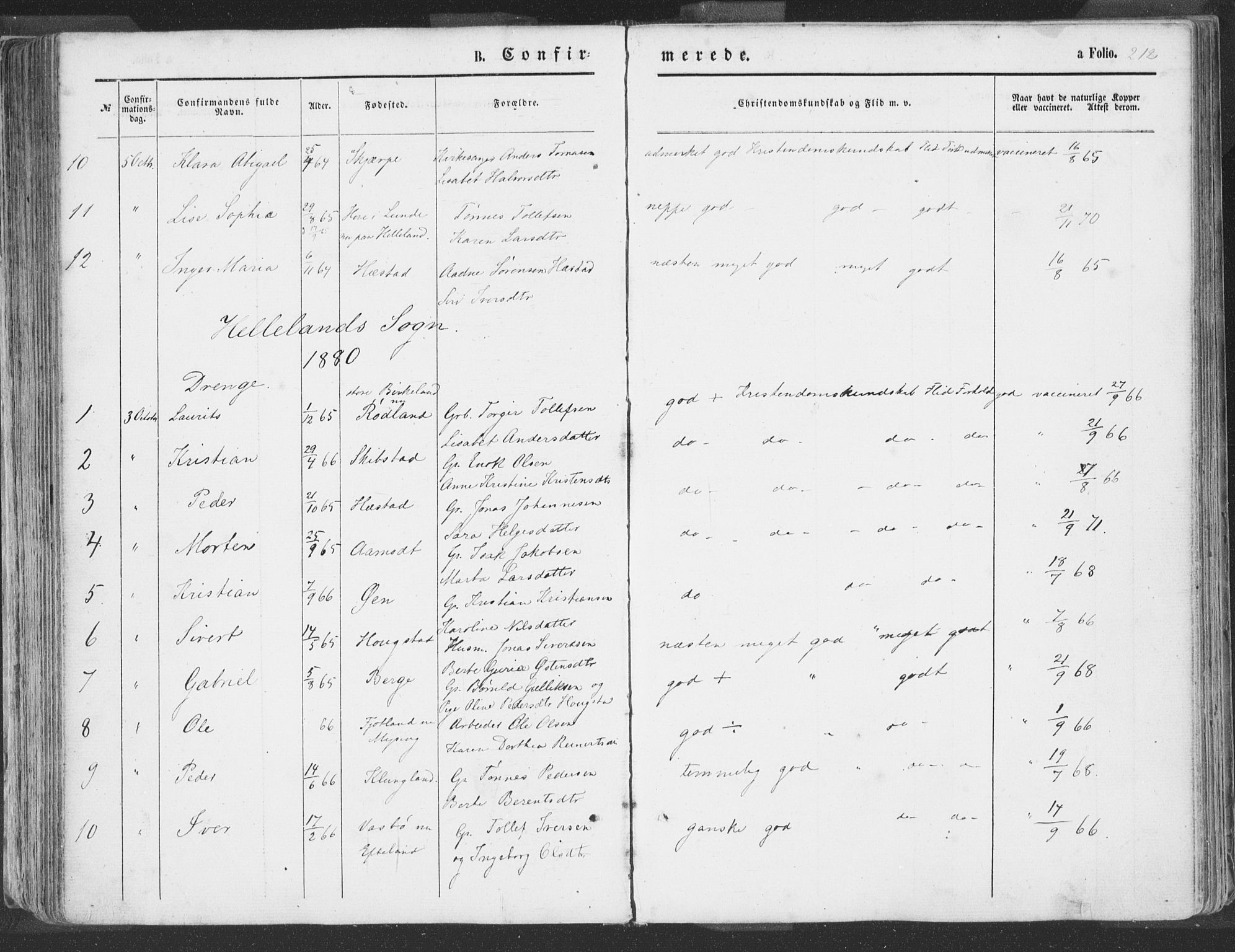 Helleland sokneprestkontor, SAST/A-101810: Ministerialbok nr. A 7.1, 1863-1886, s. 212