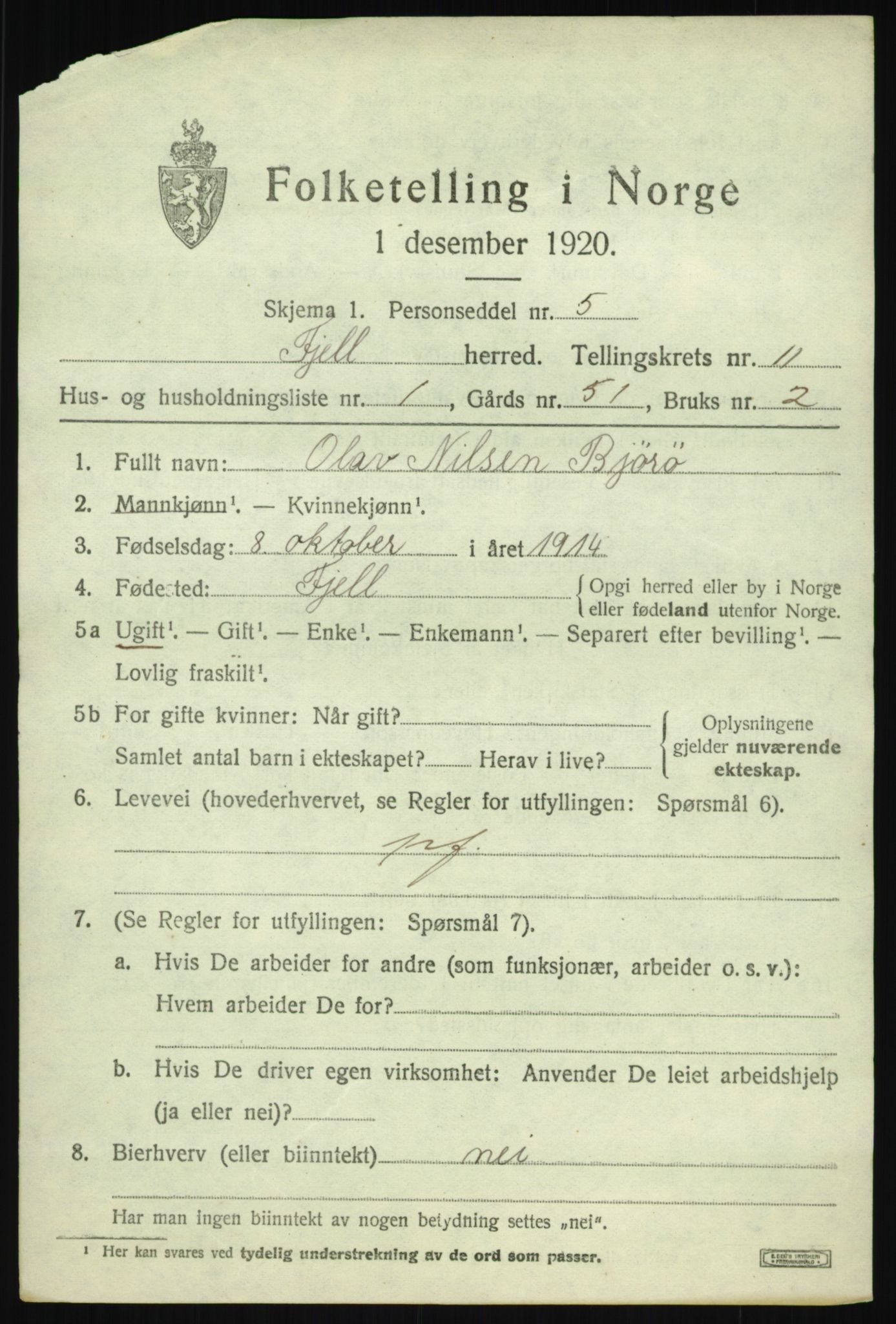 SAB, Folketelling 1920 for 1246 Fjell herred, 1920, s. 9844