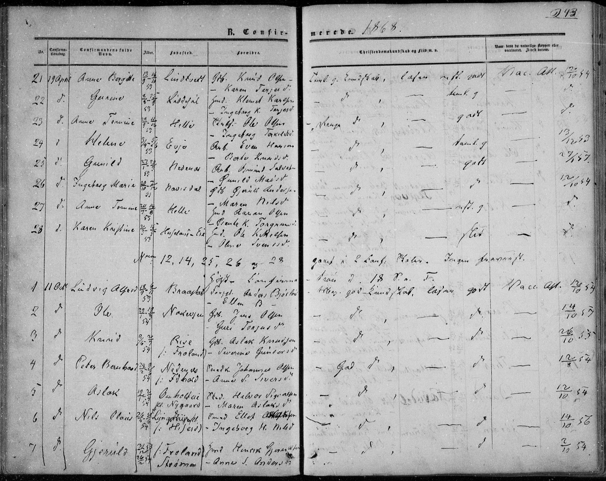 Øyestad sokneprestkontor, AV/SAK-1111-0049/F/Fa/L0015: Ministerialbok nr. A 15, 1857-1873, s. 243