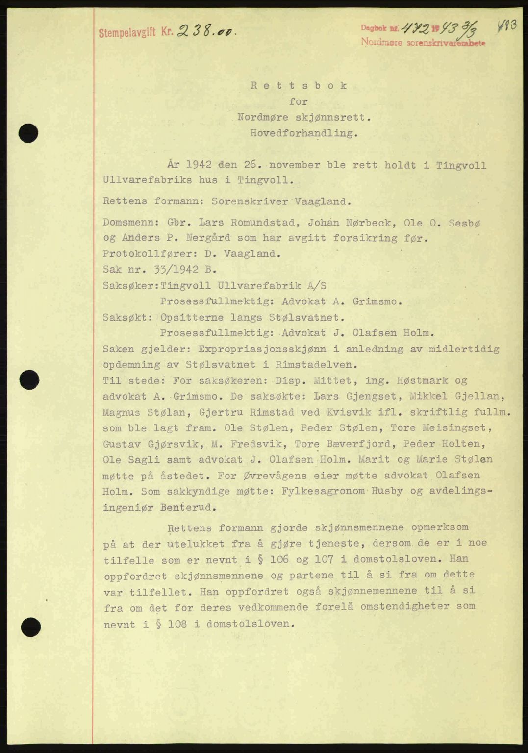 Nordmøre sorenskriveri, SAT/A-4132/1/2/2Ca: Pantebok nr. B90, 1942-1943, Dagboknr: 472/1943