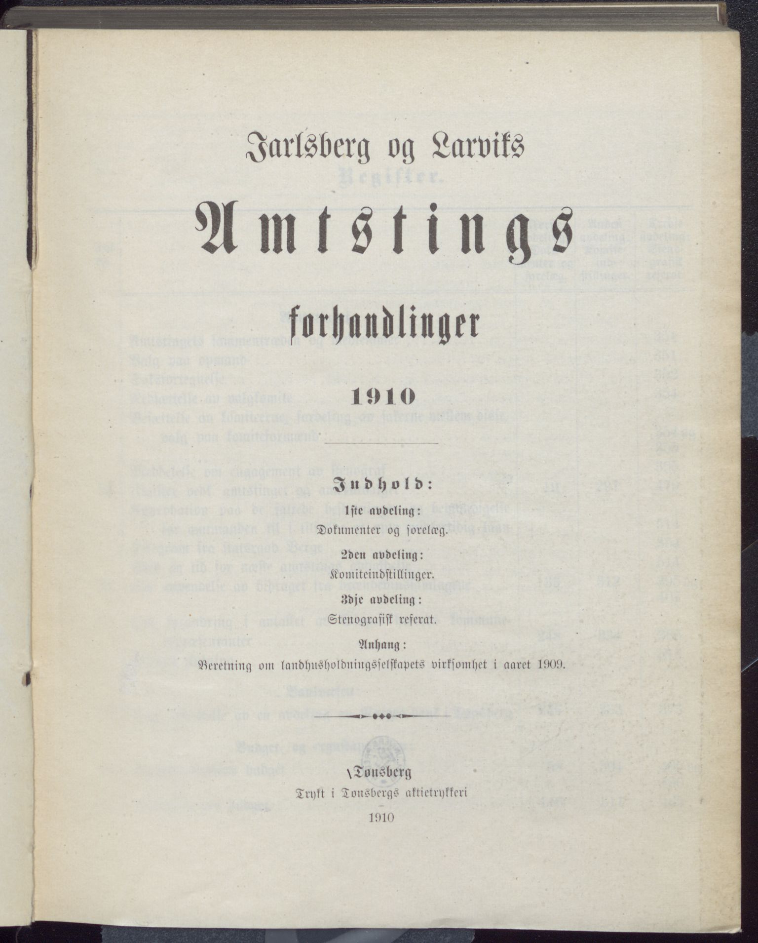 Vestfold fylkeskommune. Fylkestinget, VEMU/A-1315/A/Ab/Abb/L0057: Fylkestingsforhandlinger, 1910