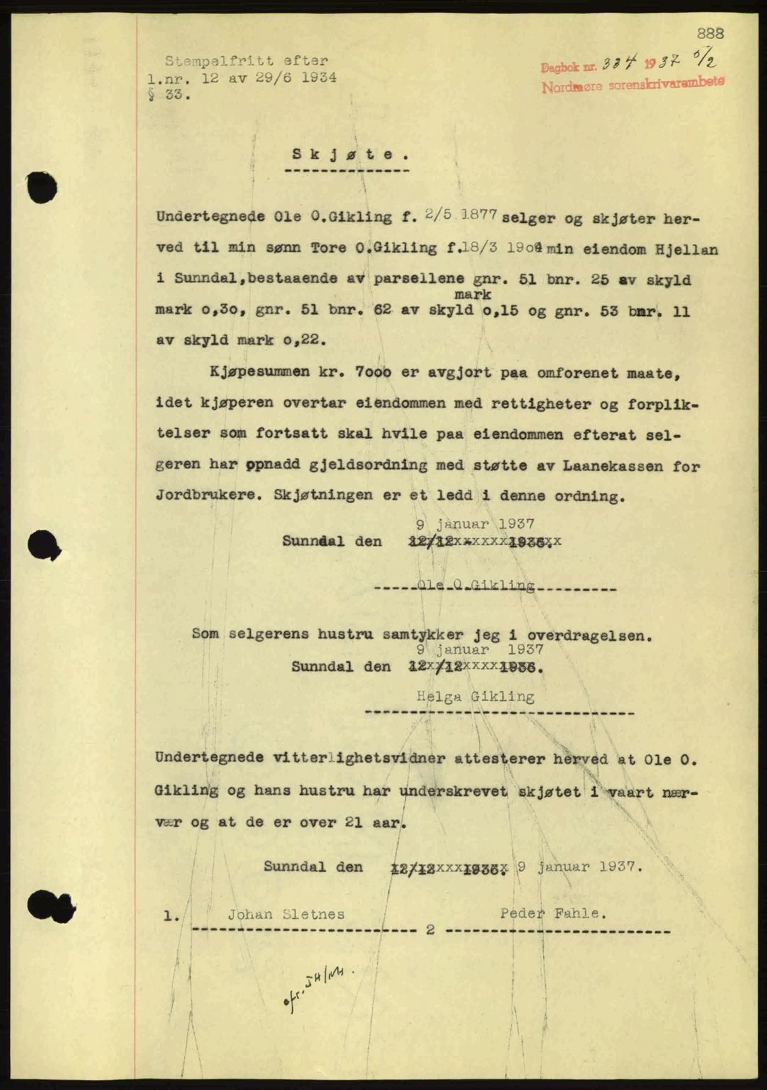 Nordmøre sorenskriveri, SAT/A-4132/1/2/2Ca: Pantebok nr. A80, 1936-1937, Dagboknr: 334/1937