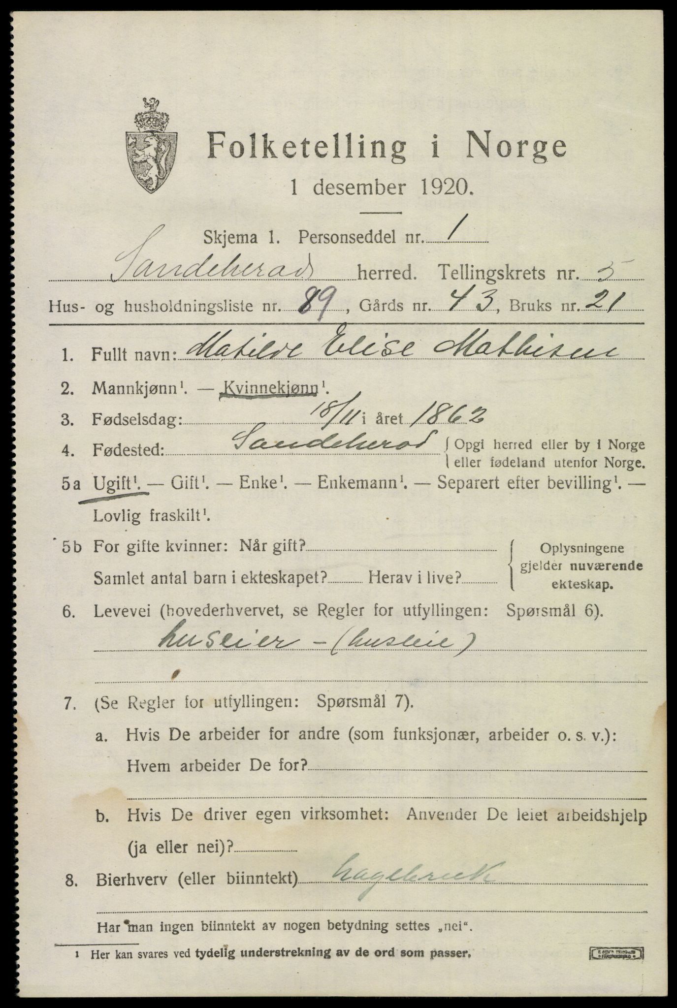 SAKO, Folketelling 1920 for 0724 Sandeherred herred, 1920, s. 9246