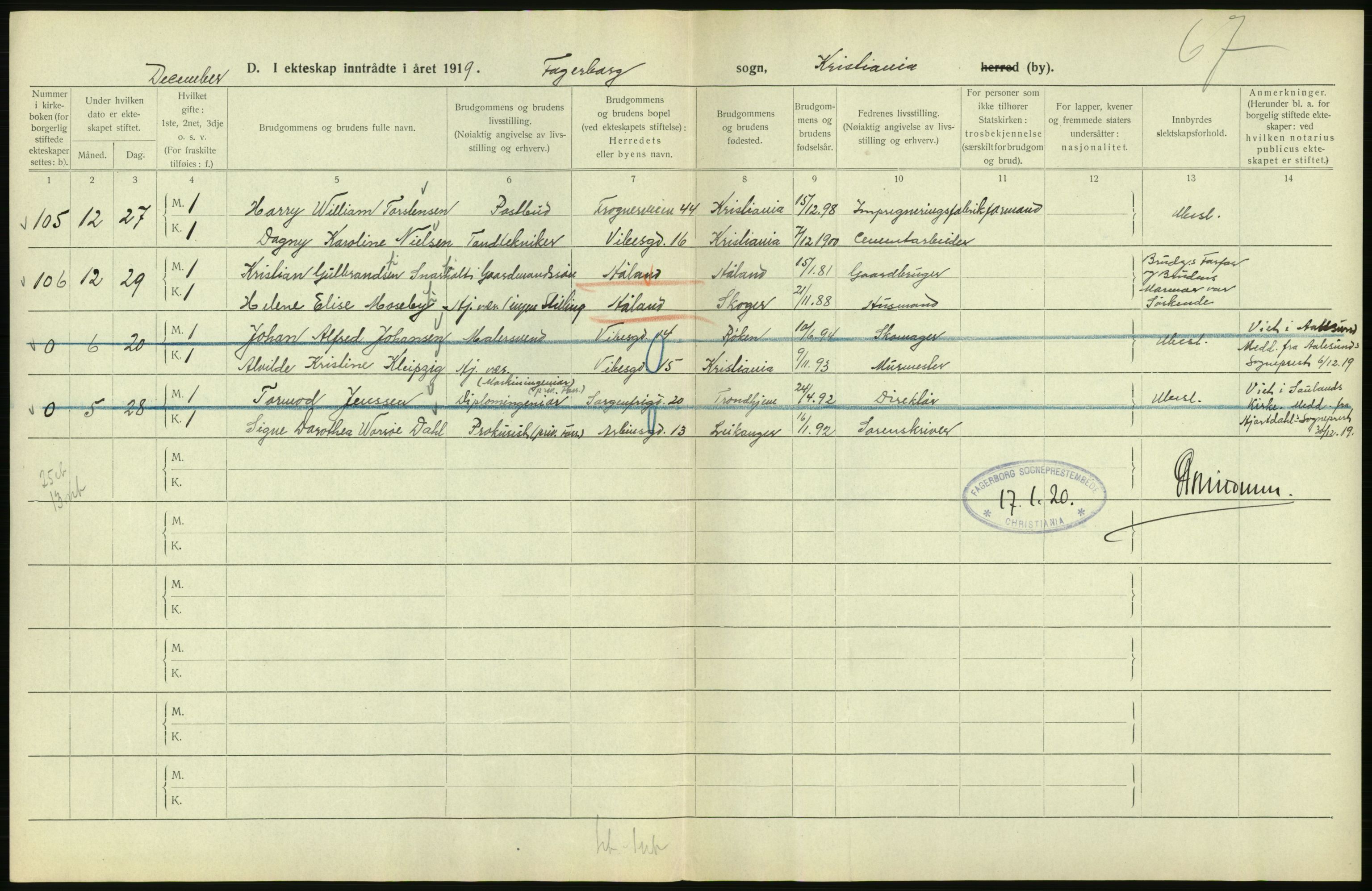 Statistisk sentralbyrå, Sosiodemografiske emner, Befolkning, AV/RA-S-2228/D/Df/Dfb/Dfbi/L0009: Kristiania: Gifte, 1919, s. 274